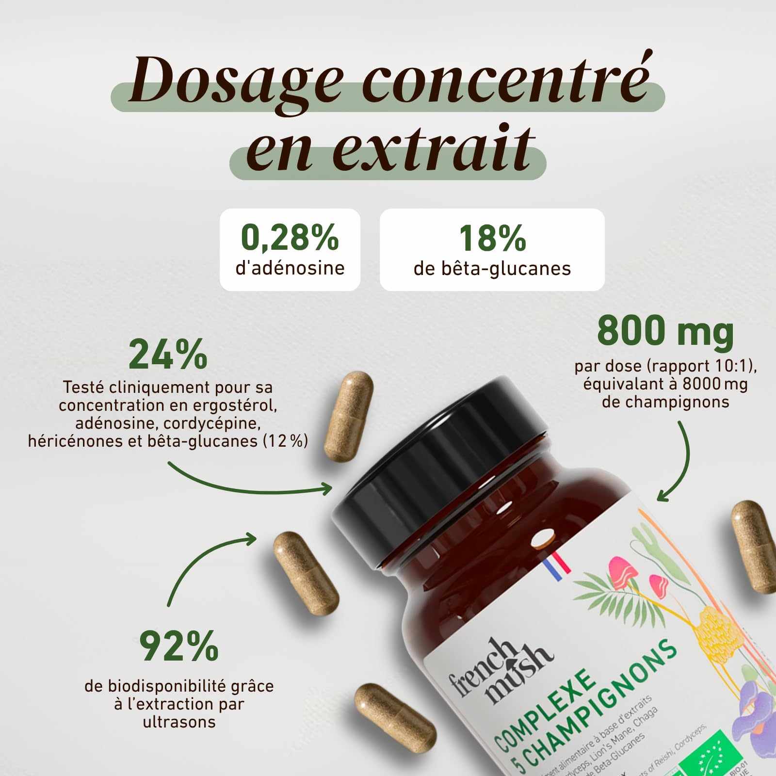 French Mush - Complexe 5 Champignons Bio - 56 Gélules - Shiitake, Lion's Mane, Reishi, Cordyceps, Chaga - Digestion, Bien-Être Intérieur - 2 Gélules/Jour - Testé en Laboratoire - Fabriqué en France