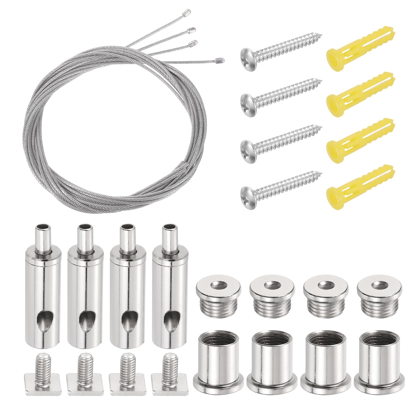 sourcing map 4Set Ceiling Hanging Wire Cable Kit, 4.9ft Bottom Adjust Adjustable Hanging Wire Rope Suspension with Square Mount Screw Kit for Pendant Chandelier Ceiling LED Panel Light, Chrome