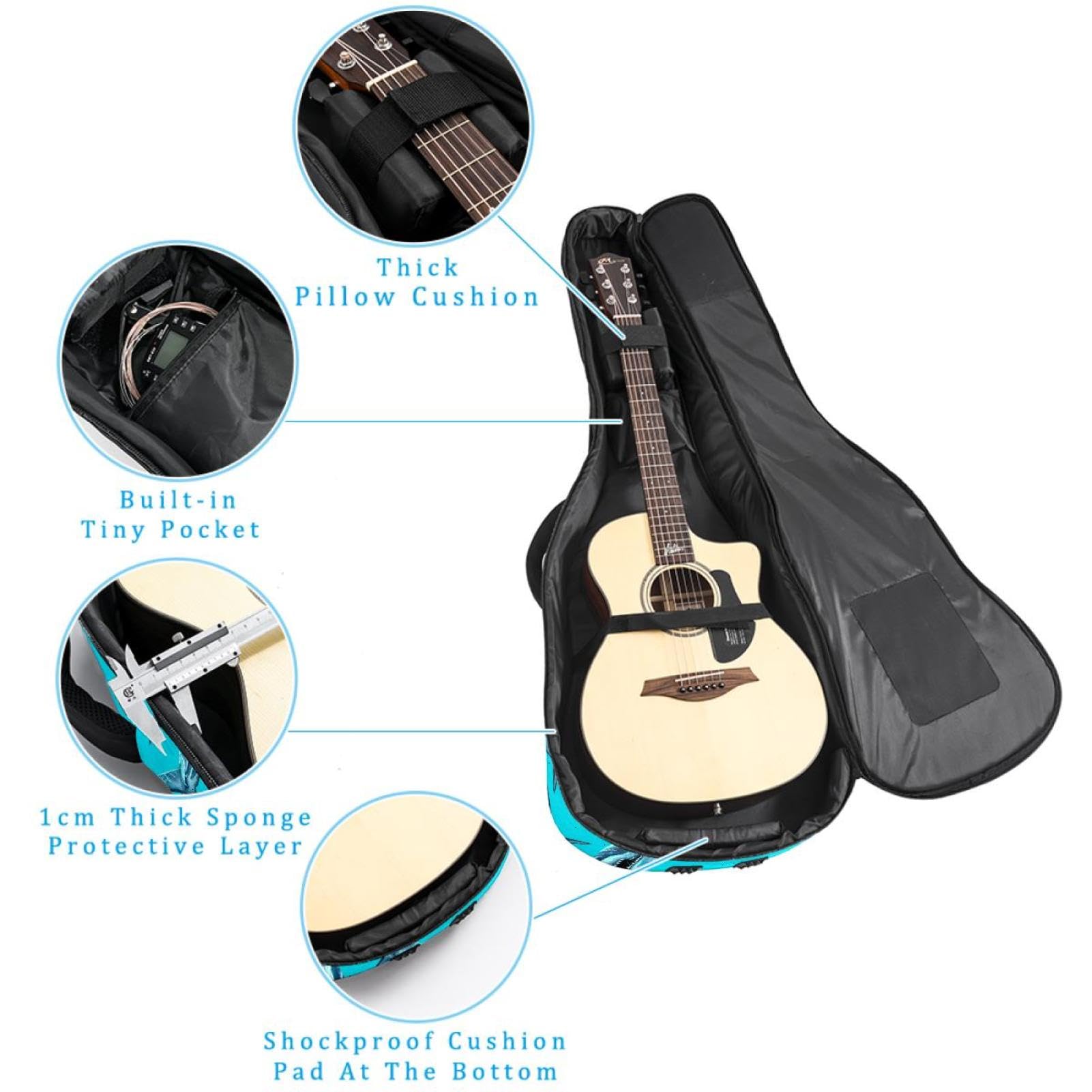 Torba na gitarę akustyczną Wodoodporny plecak na gitarę Gruby miękki wyściełany Shark Klasyczna obudowa na gitarę, wielobarwny, 42.9x16.9x4.7 in, Organizer do torby