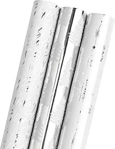 LDGOOAEL Mini rollo pequeño de papel de regalo de Navidad con líneas de corte en el reverso (17 x 120 pulgadas por rollo), copos de nieve plateados