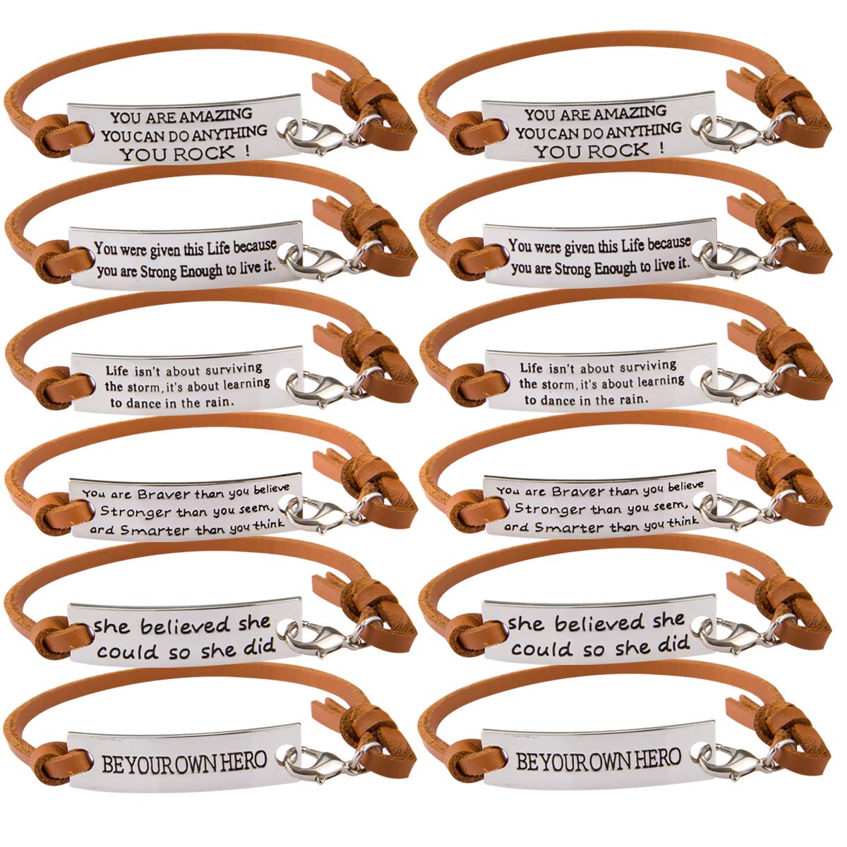 CosweetPack of 12 Inspirational Message Leather Bracelets, Cuff Bangle Motivational Quotes Words Engraved, Friend Encouragement Jewery Gift for Women Teen Girls Students