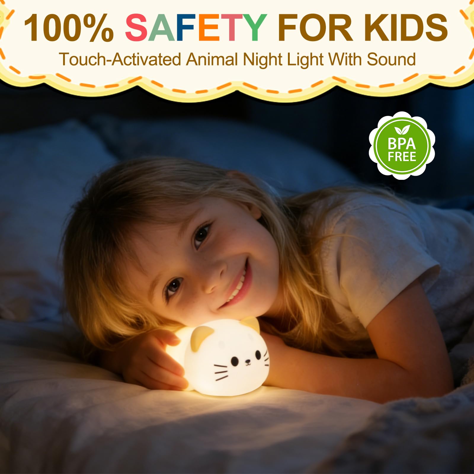 Katzen-Nachtlicht und Lampe für Baby-Kinderzimmer – weich liegendes Kätzchen-Nachtlicht, dimmbar und 7 RGB-Farben, umschaltbarer Tier-Sound, wiederaufladbar, BPA-frei, gut als Raumdekoration