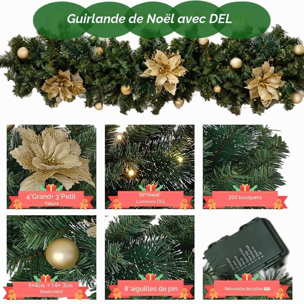 Guirlande de Noël 270cm Avec Lumières Chaudes 5M 50 Leds, Guirlande de Noël avec doré Fleurs et Boules - Décoration pour Portes, fenêtres, cheminées, escaliers, Cour, intérieur et extérieur