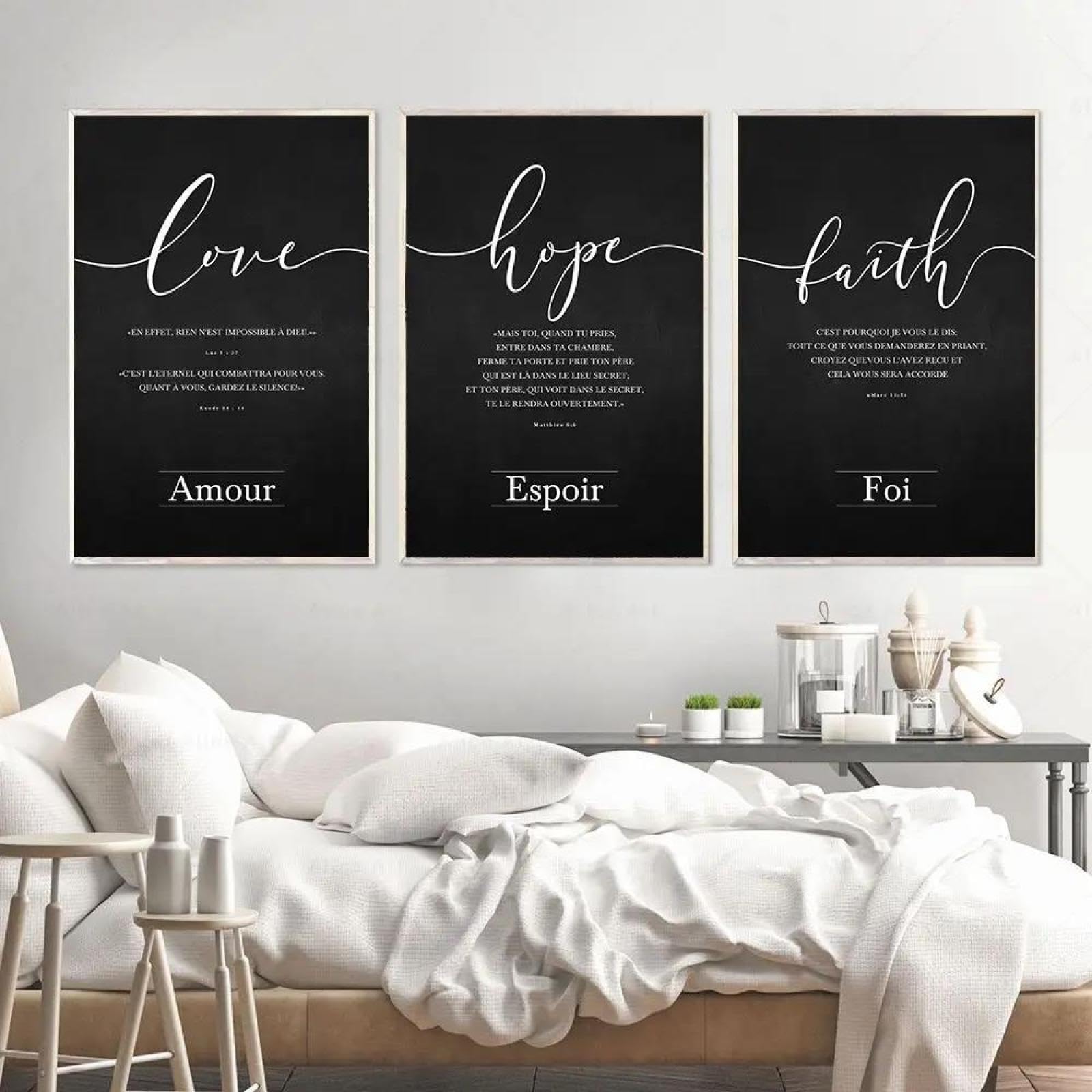 Baibexing Faith Hope Love Bible Verse French Wall Art Poster And Print Canvas Painting Nordic Wall Picture Forliving Room Christian Decor 60X80Cmx3Pcs Unframed