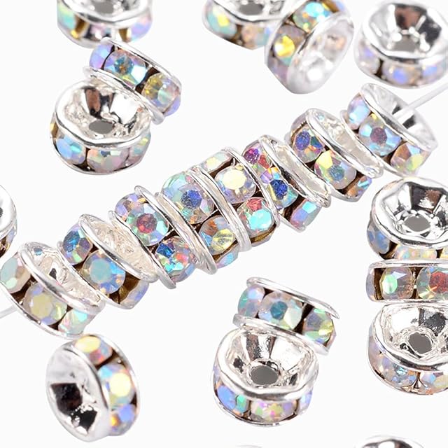NBEADS 100 Pcs Brass Rhinestone Round Rondelle Spacer Beads 6mm, White with Ab Color, Grade A, Nickel Free, 3mm Thick, Hole: 1mm