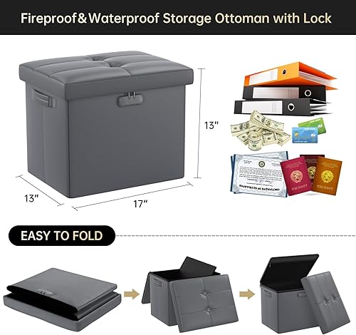Miniatura 3 de DocSafe Otomana de almacenamiento con cerradura, taburete otomano plegable ignífugo con almacenamiento seguro para documentos importantes, taburete