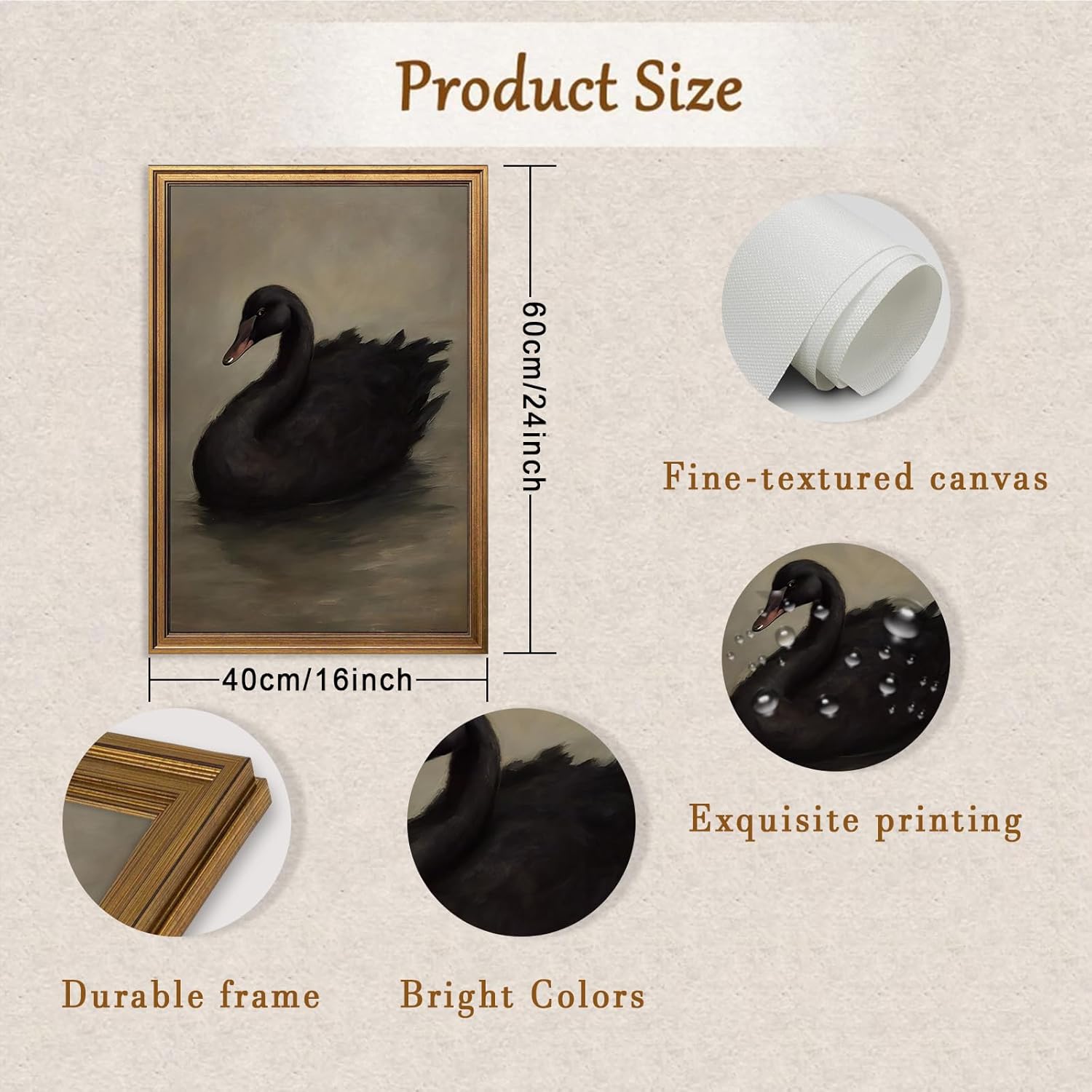 Aroutde Framed Swan Canvas Wall Art for Living Room, Vintage Gold Framed Black Swan Painting Wall Decor, Moody Animal Farmhouse Artwork Home Decor 16W''x 24L''