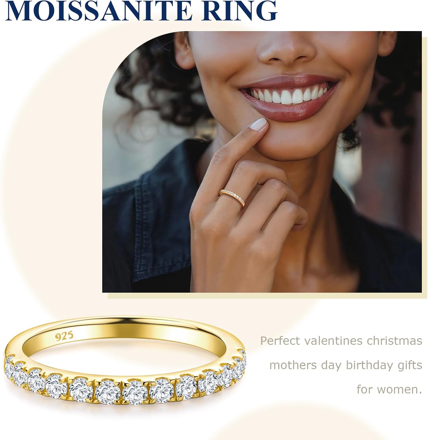 Crisss Cross Ring, Moissanite Wedding Band, 14K Gold Plated Sterling Silver Wedding Rings for Women Stackable Bezel/Curve/Wishbone Eternity Ring for Her, Size 6-10