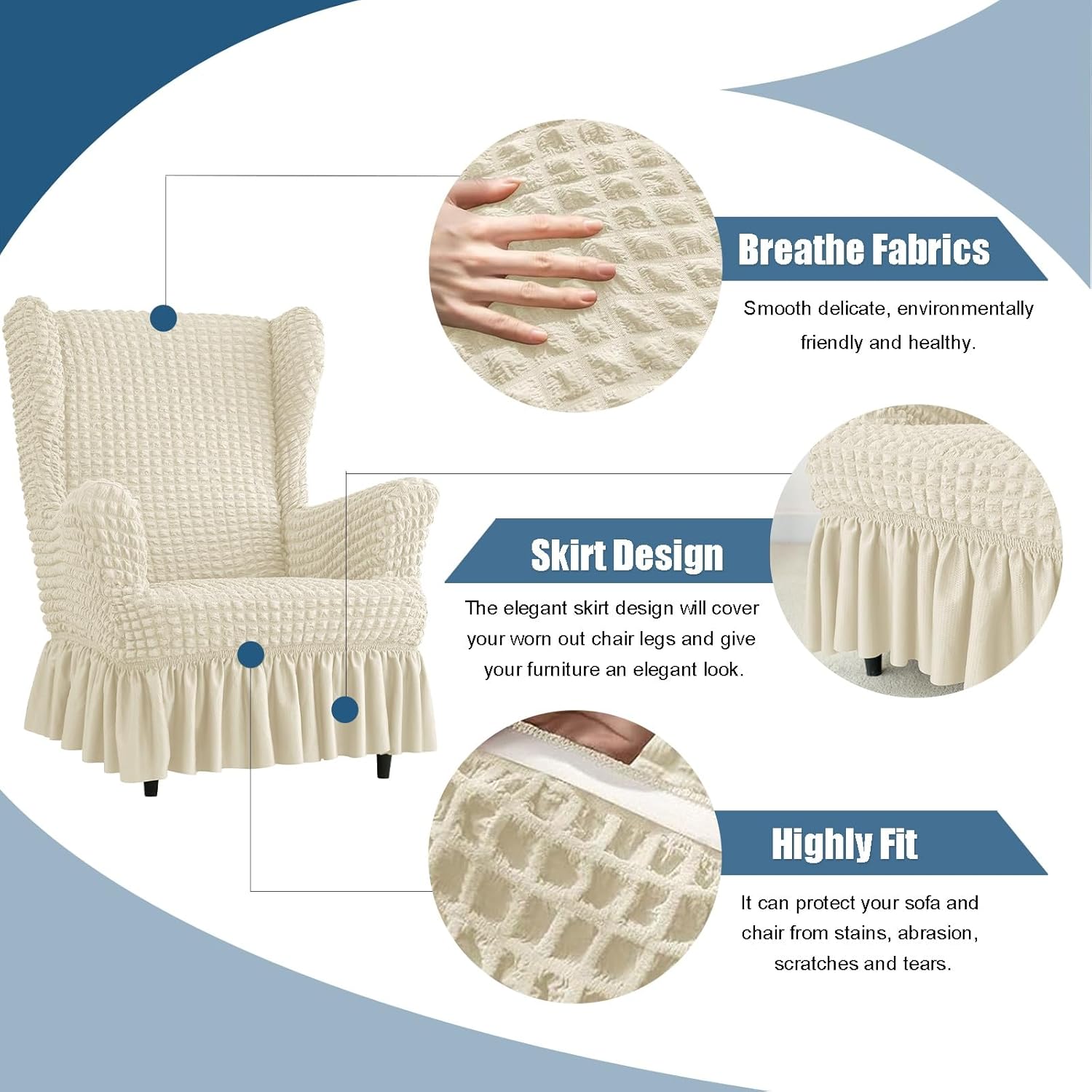 Stretch Seersucker Wingback Chair Slipcover, Universal Bubble Wing Chair Slipcovers with Skirt, Living Room High Back Chair Covers Set, Easy Fit Washable Slip Covers for Armchairs(Beige,Chair)