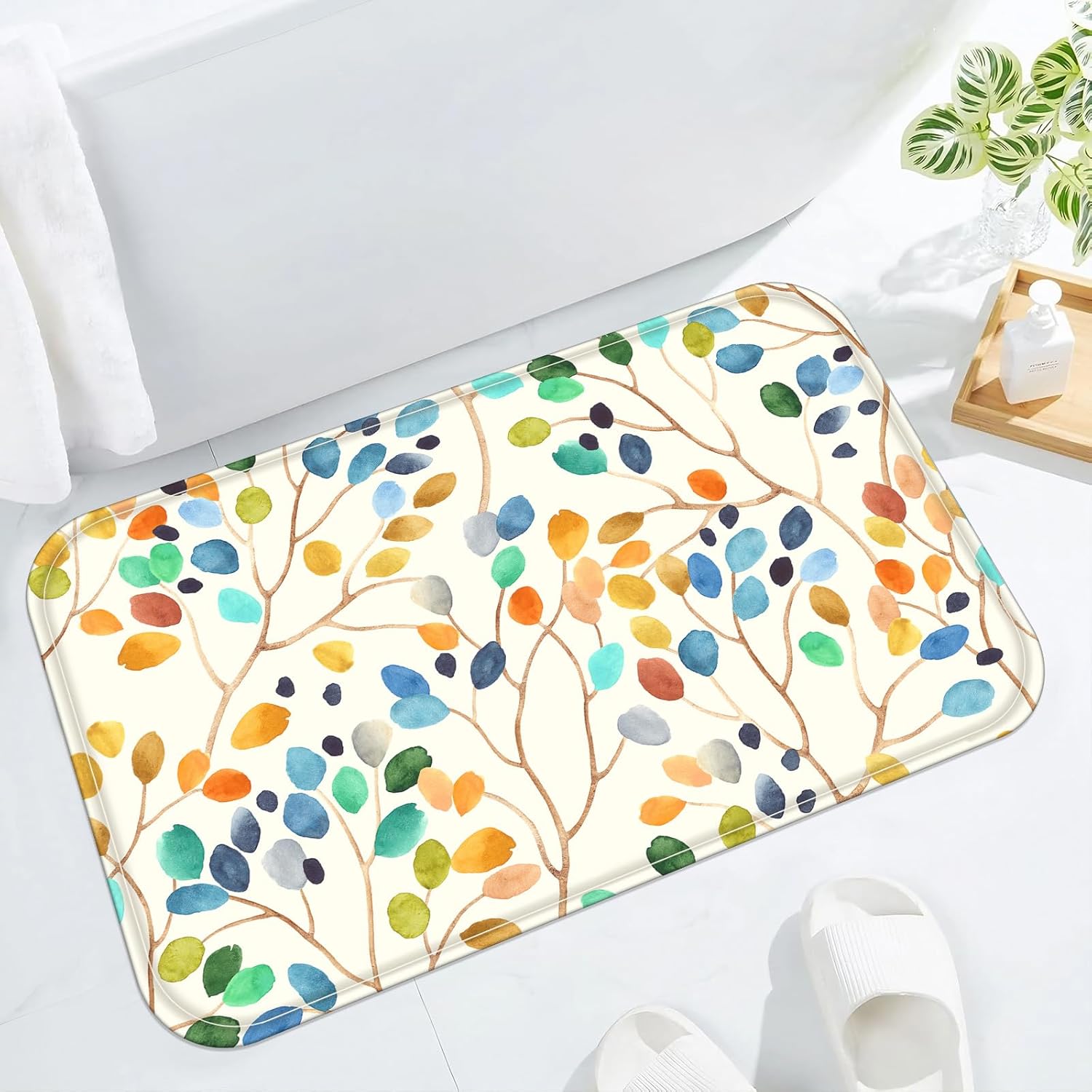 Accnicc Colorful Leaves Small Bathroom Rugs Mat Floral Bath Rug 24 x 16 Inch Water Absorbent Non Slip