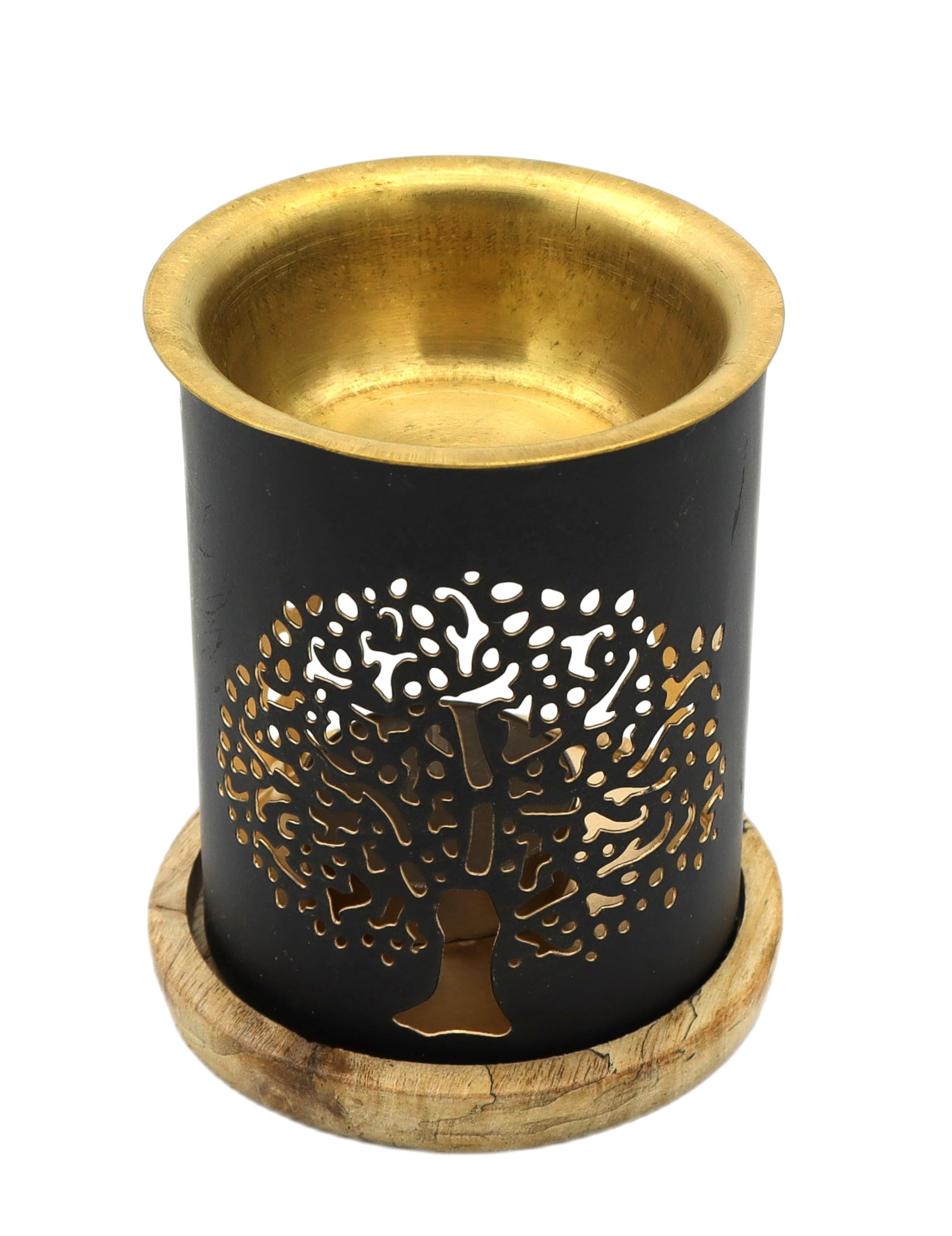 LivuX Aromafume 1169 Metal Oil Burner Tree of Life with Wooden Saucer, 8 x 9 cm, Oil Burner for Essential Oils and Room Fragrance
