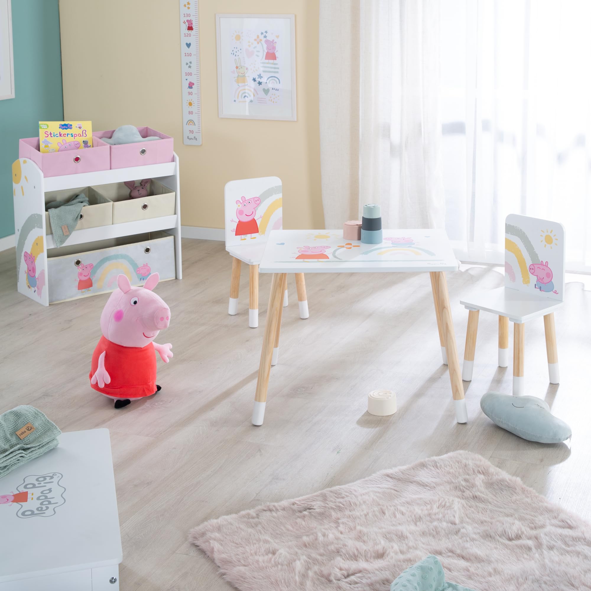 roba Ensemble Table et 2 Chaises Enfants Peppa Pig - Pieds en Bois Massif - pour Filles et Garçons de 2 Ans et Plus - Motif Truie Cochon et Arc-en-Ciel - Rose/Blanc
