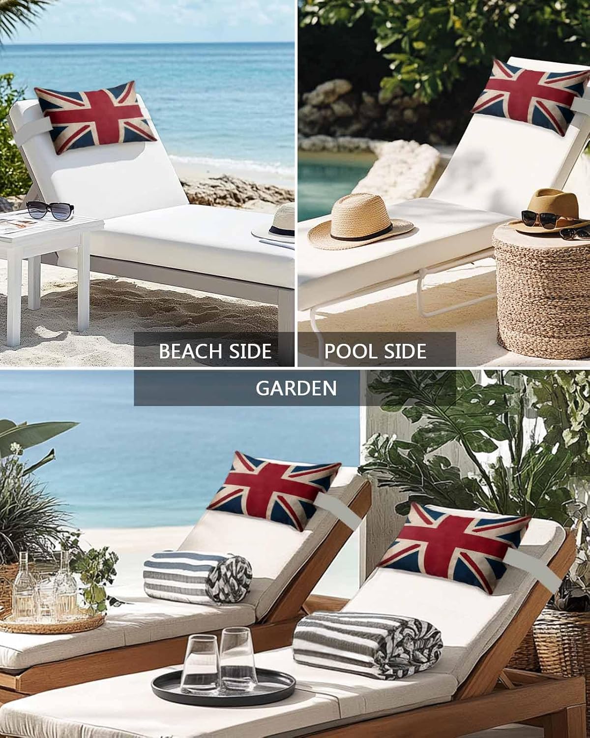 Vintage Union Jack Flag Outdoor Head Pillows for Recliner Lounge Chair,Pack of 2 Waterproof Throw Pillow Cushion Cases with Insert&Strap,Reerto Flags Of The United Kingdom Neck Pillow for Patio Beach