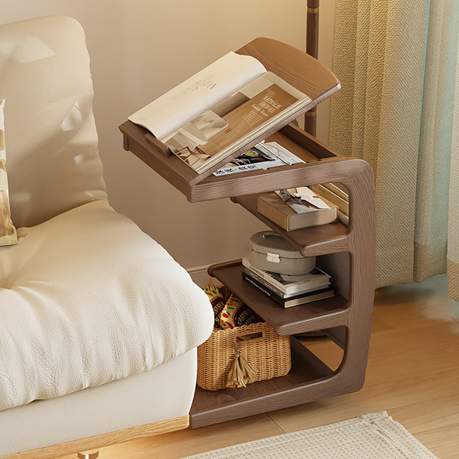 Mesa auxiliar de madera maciza en forma de C con escritorio ajustable y acabados de alta calidad