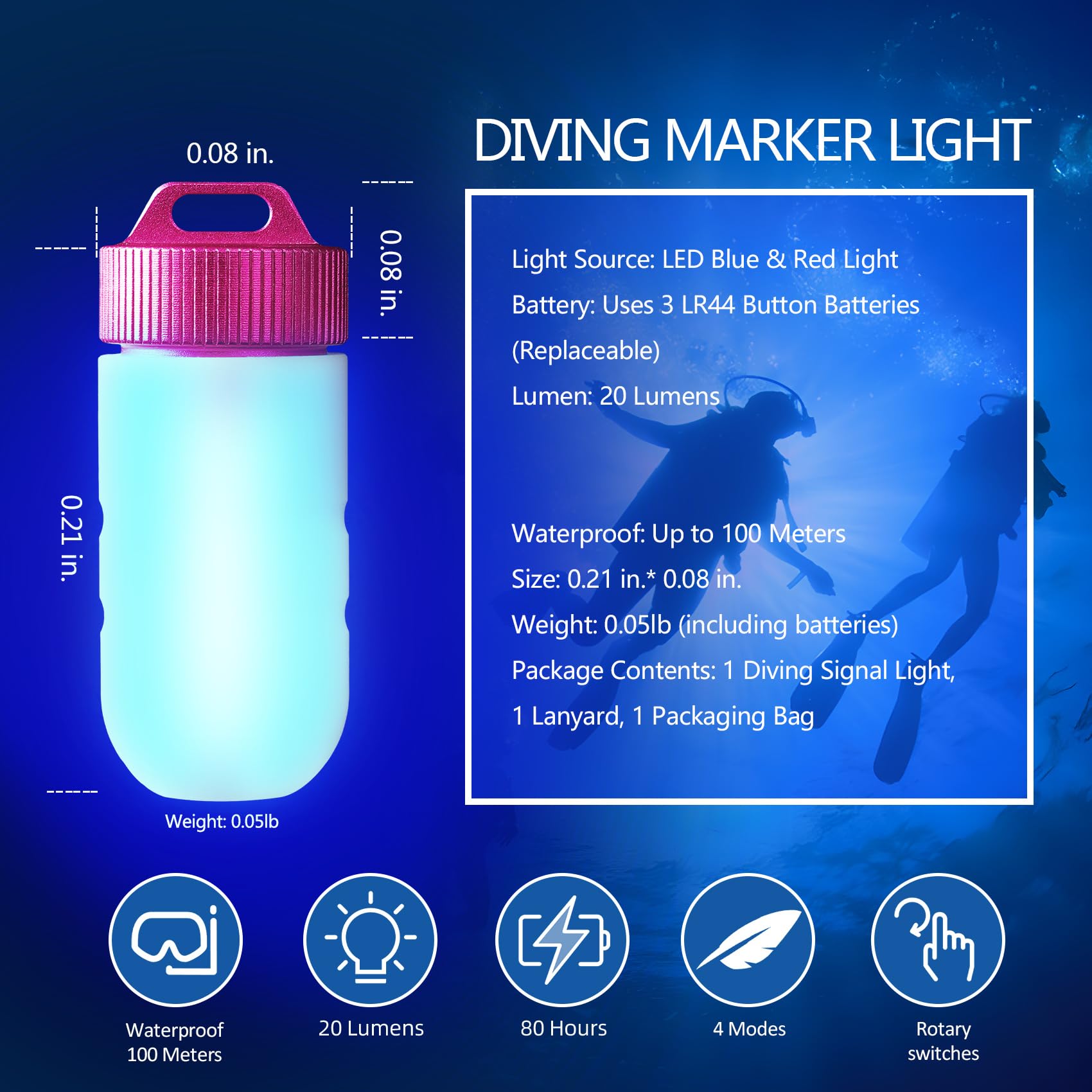 Torchia Subacquea, Luce di Segnalazione Torcia Sub, Impermeabile per 100 Metri, Portatile per Immersioni, Snorkeling e Sport Acquatici