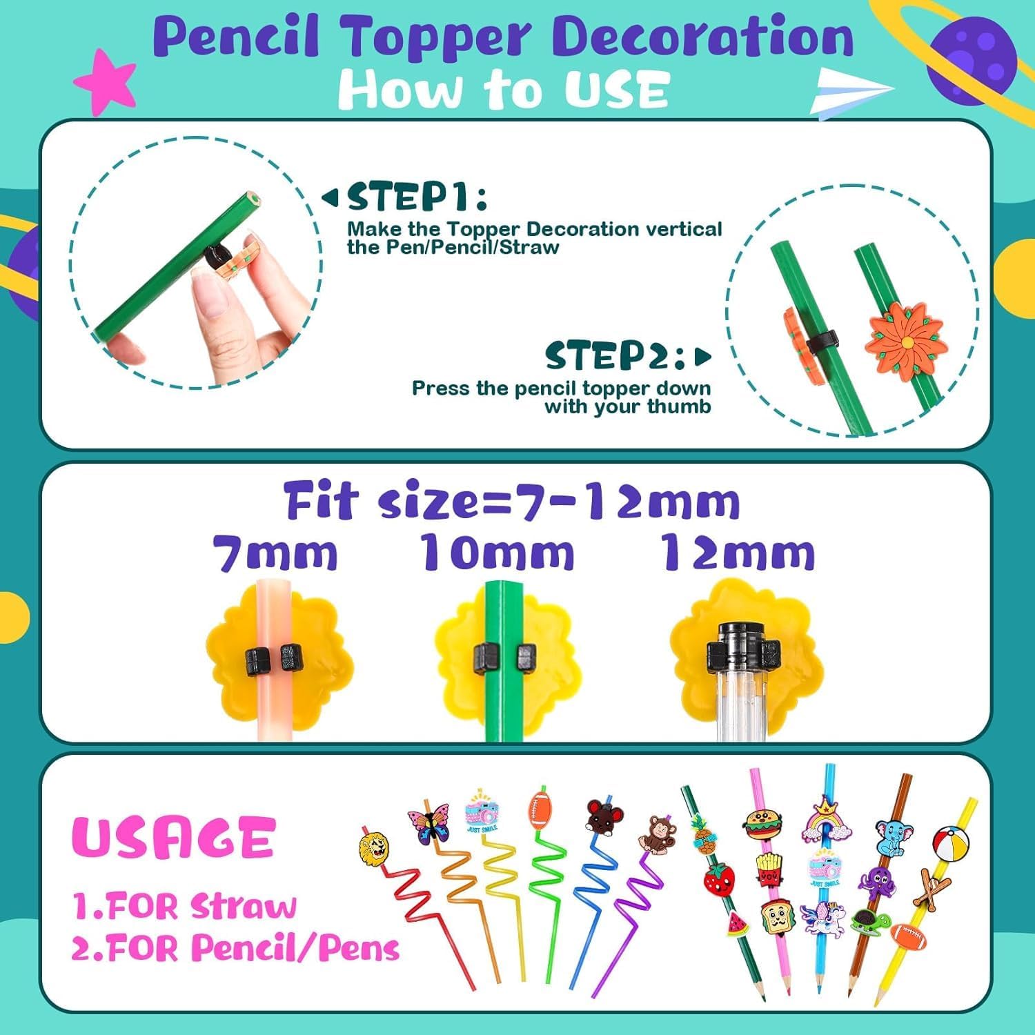60PCS Pencil Toppers Bulk, Pencil Charms for Kids Classroom Prizes | variety and Cute,high quality PVC material,Clip on pen,perfect for class awards,school prizes,student gifts