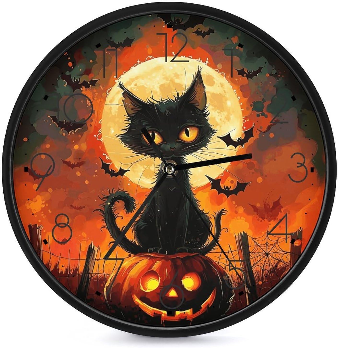 Halloween Black Cat Round Wall Clock Silent Clock 10 Inch
