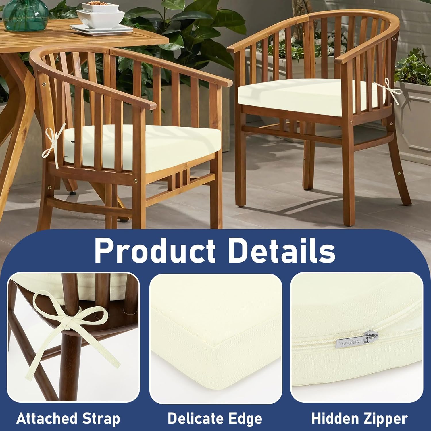 Topotdor Outdoor Chair Cushions Set of 2, 17"x16"x2" Waterproof Patio Chair Cushions for Outdoor Furniture, Round Corner Outdoor Seat Cushions Color Fastness Chair Pads with Ties, Cream