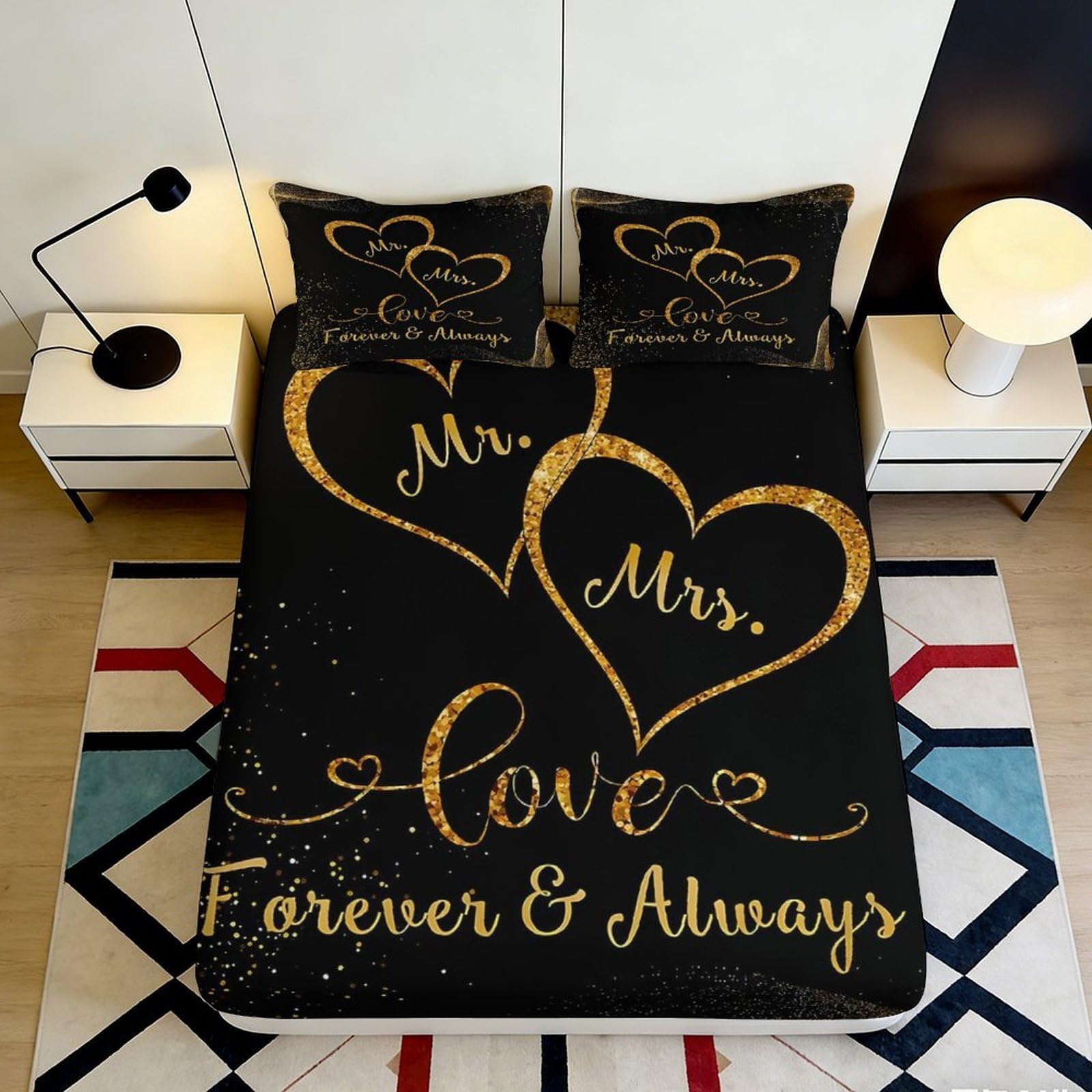 3D Printed Love Heart Fitted Sheet Microfiber Black Gold Mr Mrs Bed Cover for Bedroom Guest Room Decor 90x200x25cm