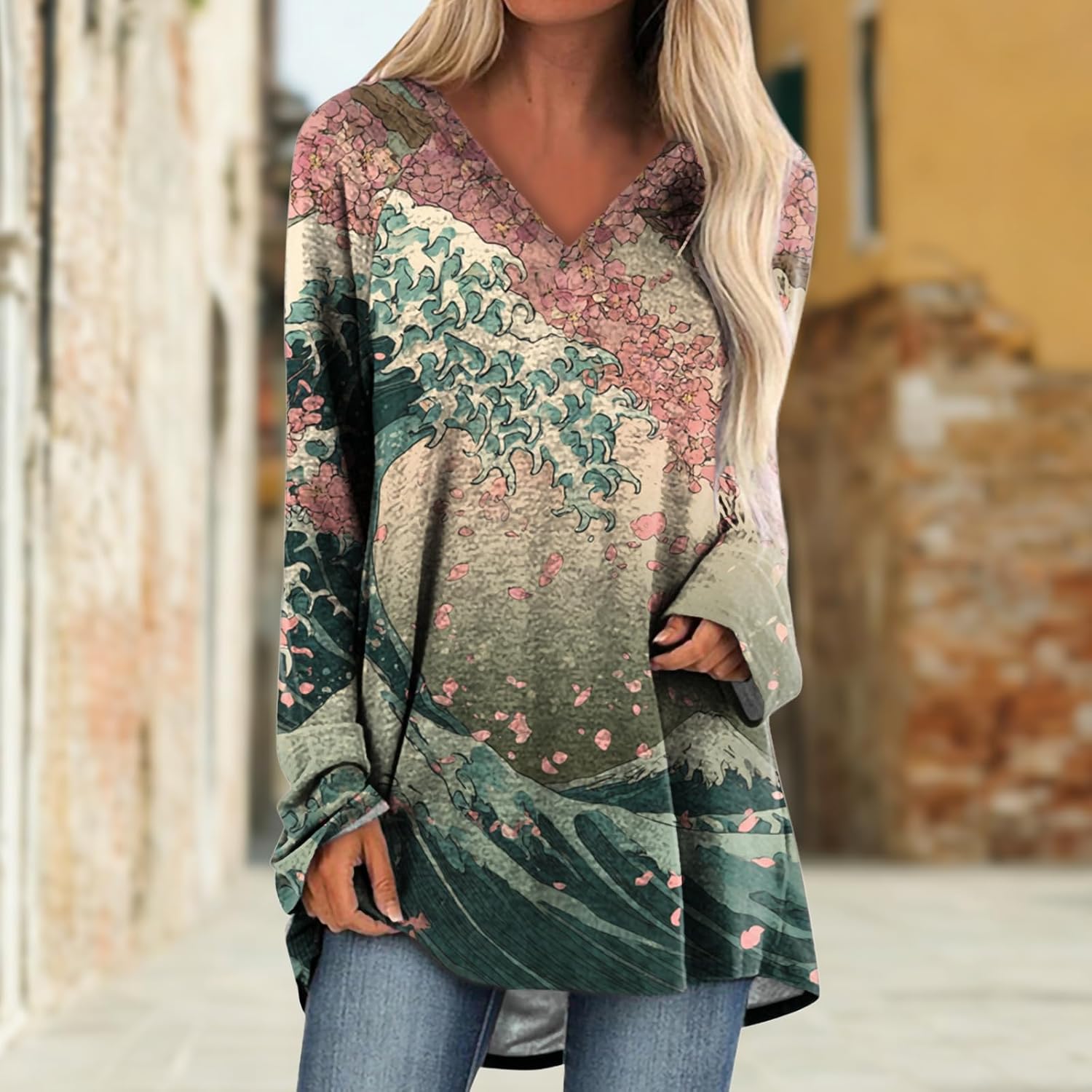 Womens Sweatshirt Vintage Japanese Art Floral Long Sleeve V Neck Spring T Shirt Lightweight Casual Pullover Tops - Image 2