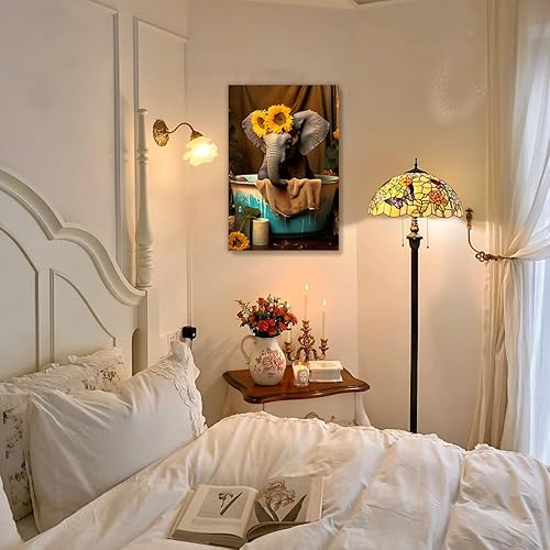 Miniatura 3 de MOSTUNNA Creativity - Lienzo decorativo para baño, diseño de animales, divertido elefante y girasol amarillo en la bañera, decoración de pared,