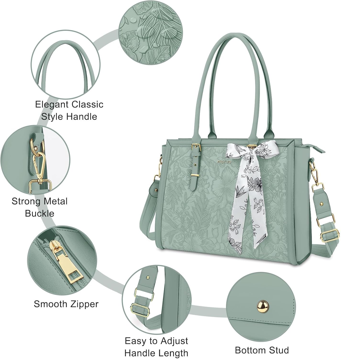 MOSISO Laptop Bag for Women, PU Leather Tote Bag, Front Embossed Retro Hibiscus Computer Bags with Silk Scarf&Clutch Purse - Image 5