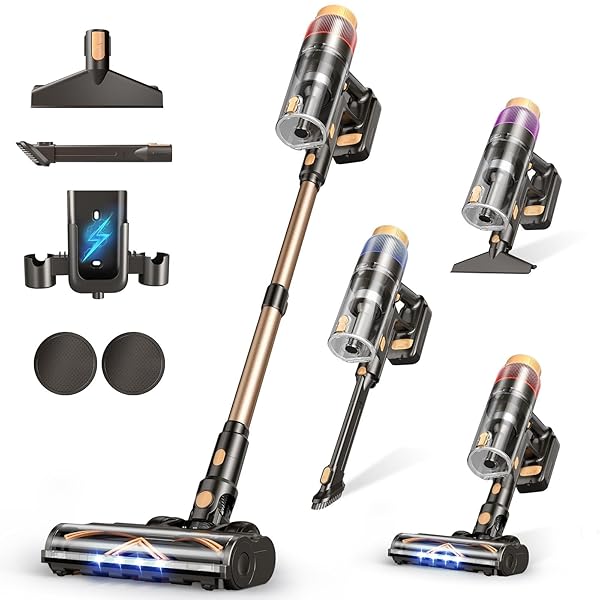 Cordless Vacuum Cleaner, Upgraded 600W 50KPA 70Mins Vacuum Cleaners for Home, Self-Standing Stick Vacuum, Wall Mount Charge & Touch Screen, Anti-Tangle for Pet Hair Carpet Hardwood Floor Car