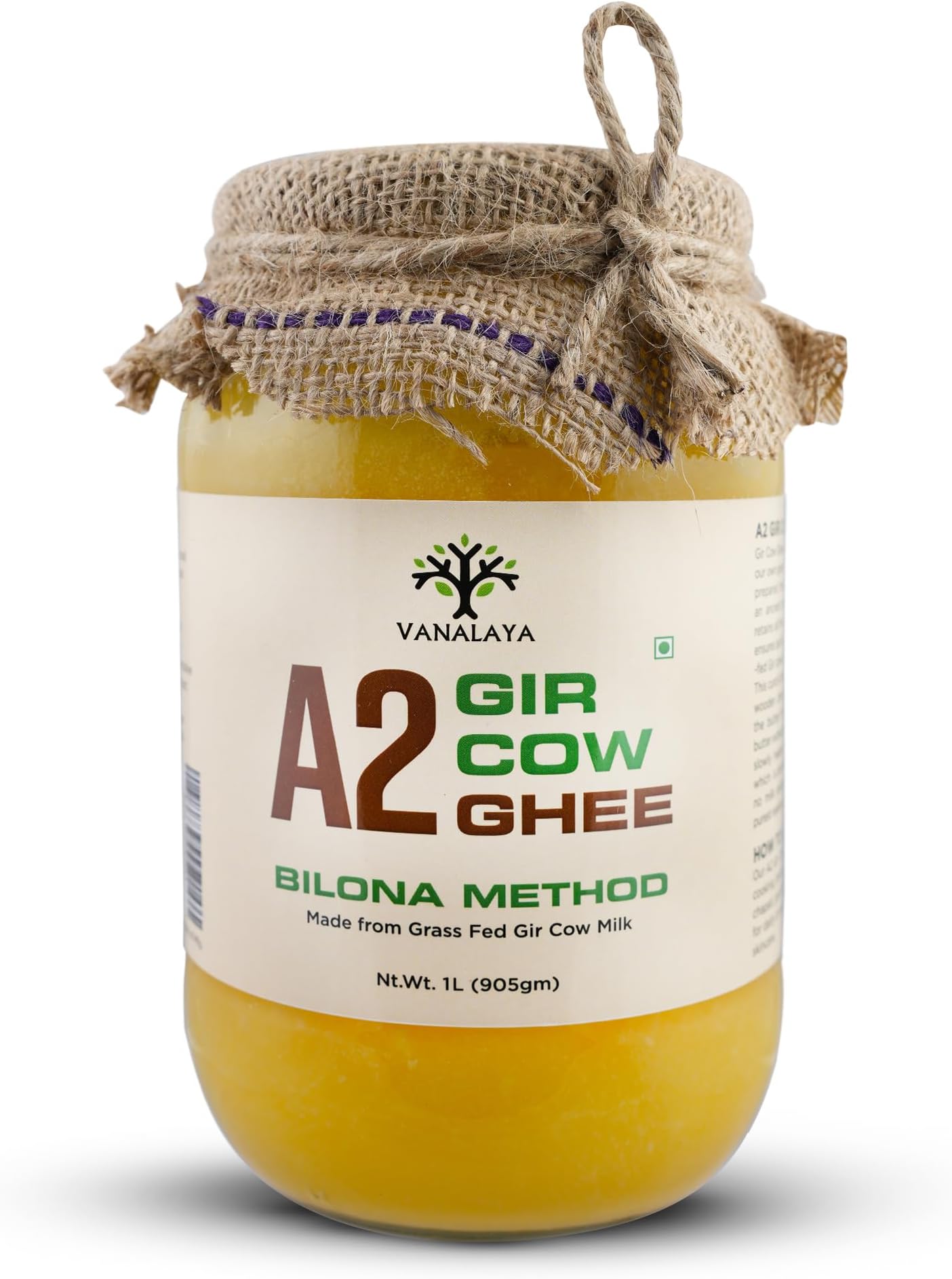Vanalaya Organic A2 Desi Gir Cow ghee from A2 Milk Prepared by Traditional Bilona Method (1 Litre)
