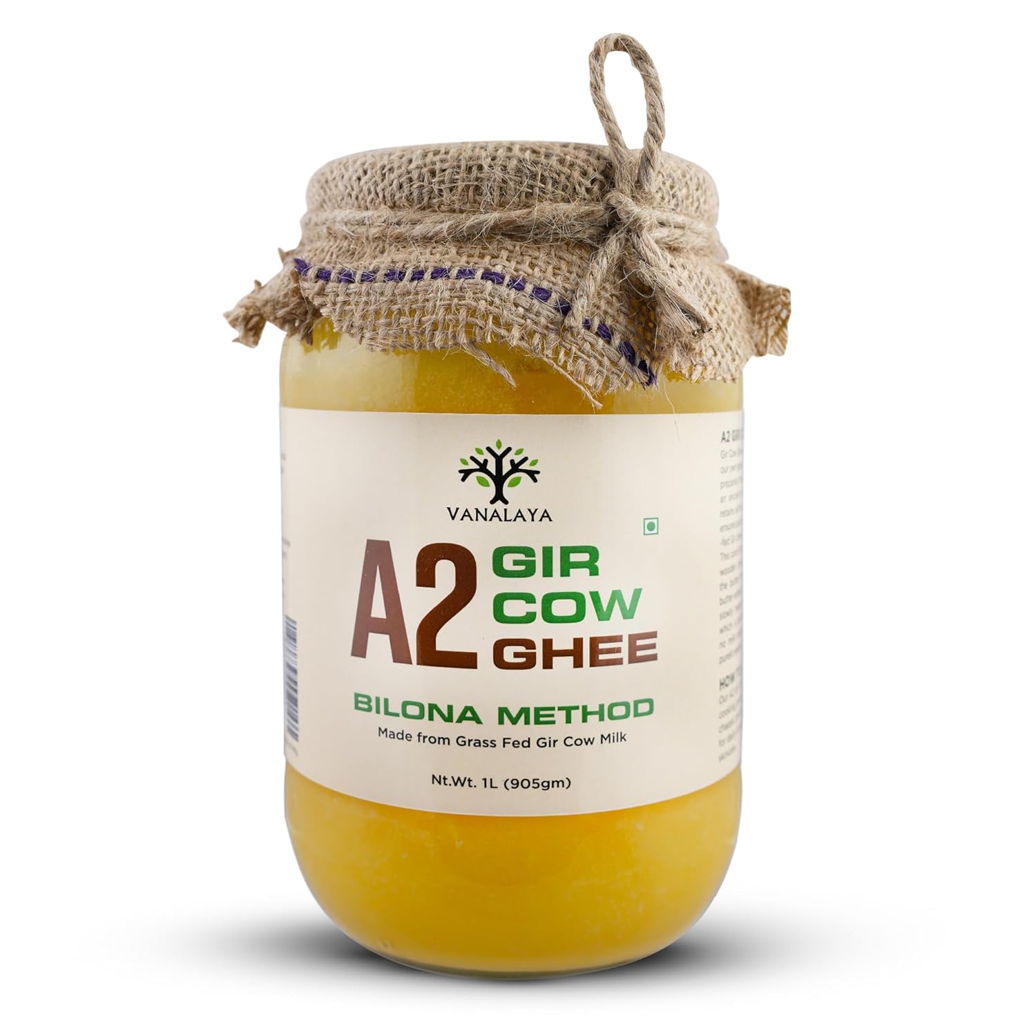 Vanalaya Organic A2 Desi Gir Cow ghee from A2 Milk Prepared by Traditional Bilona Method (1 Litre)