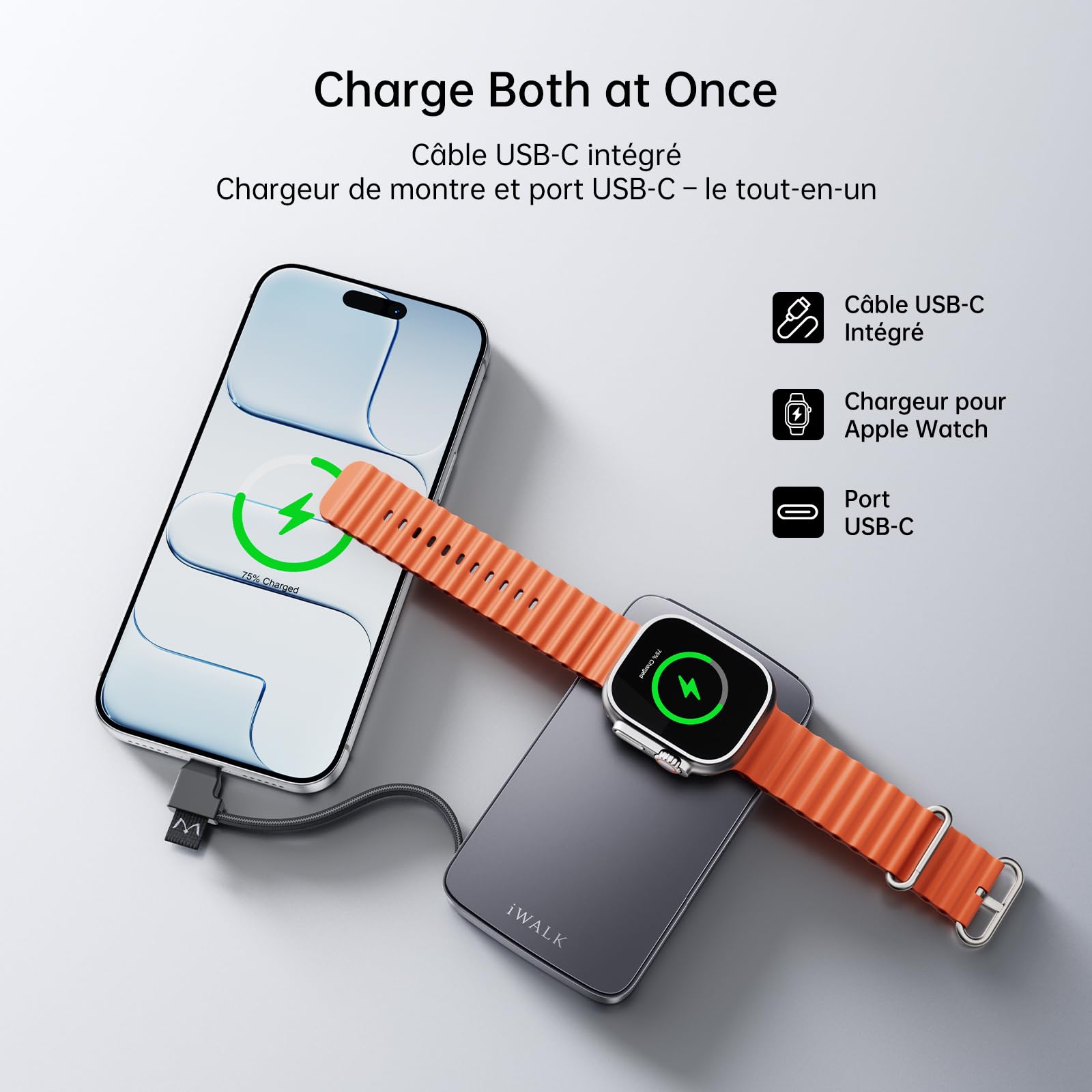 iWALK Batterie Externe 10000mAh pour Apple Watch & iPhone,Gris | USB-C Câble, Charge Rapide PD 30W, 5W pour Apple Watch, LED Display, Design Aluminium Premium,