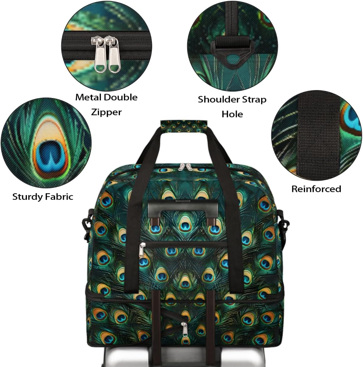 Turquoise Peacock Feathers Large Travel Duffel Bag for Women Men Gym Bag Weekender Overnight Bags With Shoe Compartment Foldie Travel Tote Bag Carry On Personal Item Bag for Travel Gym Sports