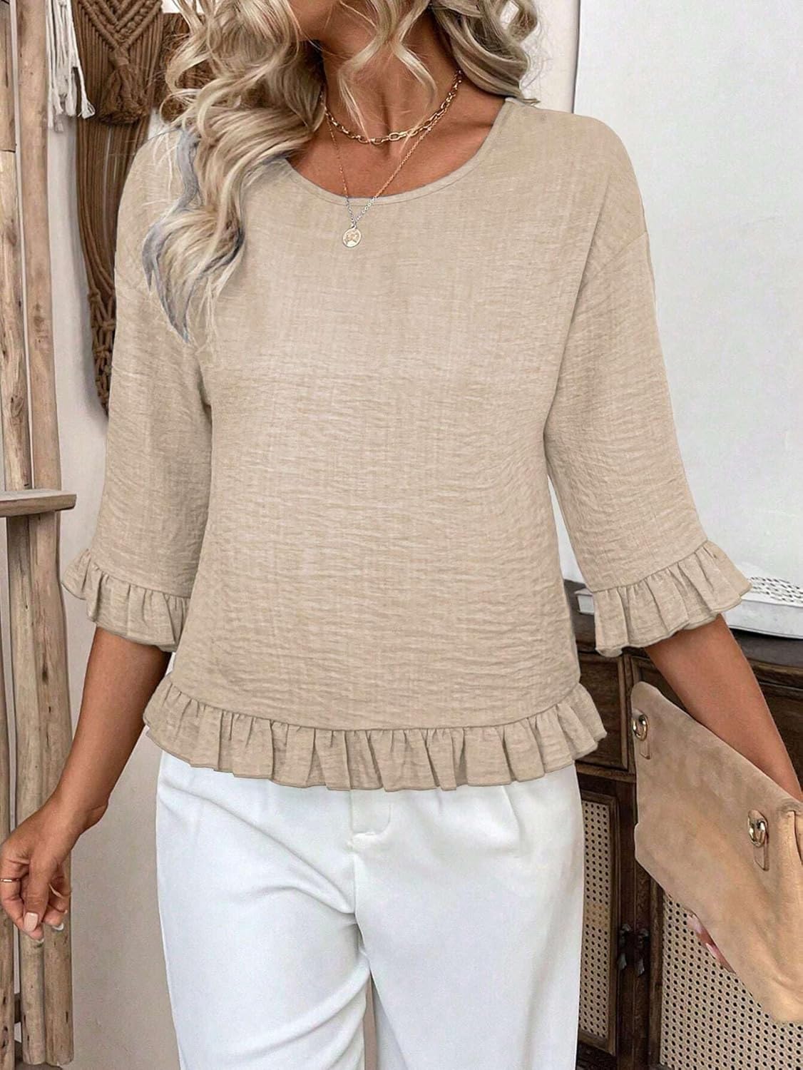 Urchics Womens Ruffle 3/4 Sleeve Tops Casual Linen Blouses Crew Neck Drop Shoulder Dressy Shirts Fall Outfits Khaki M - Image 4