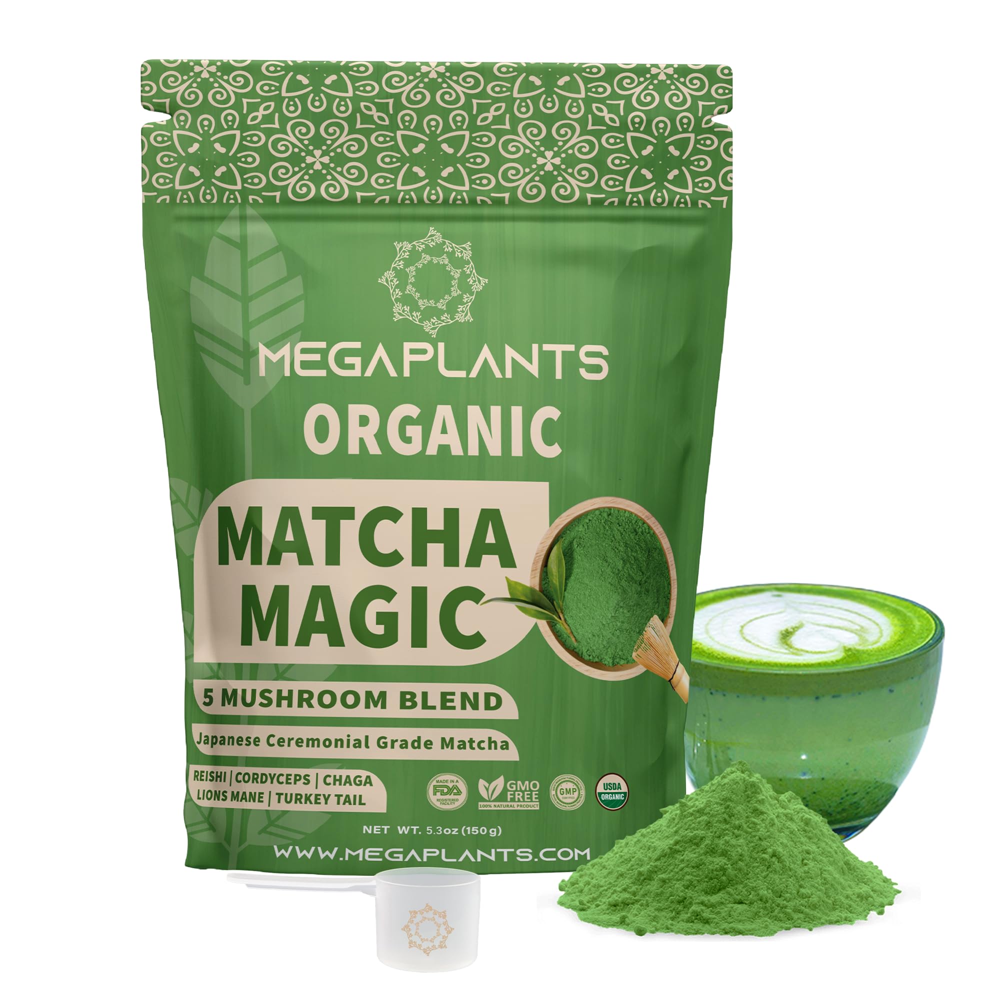 Mushroom Matcha Magic - USDA Organic Ceremonial Grade Japanese Matcha (50 Serving)- with Reishi, Lion’s Mane, Chaga, Cordyceps & Turkey Tail – Superfood for Focus & Energy.