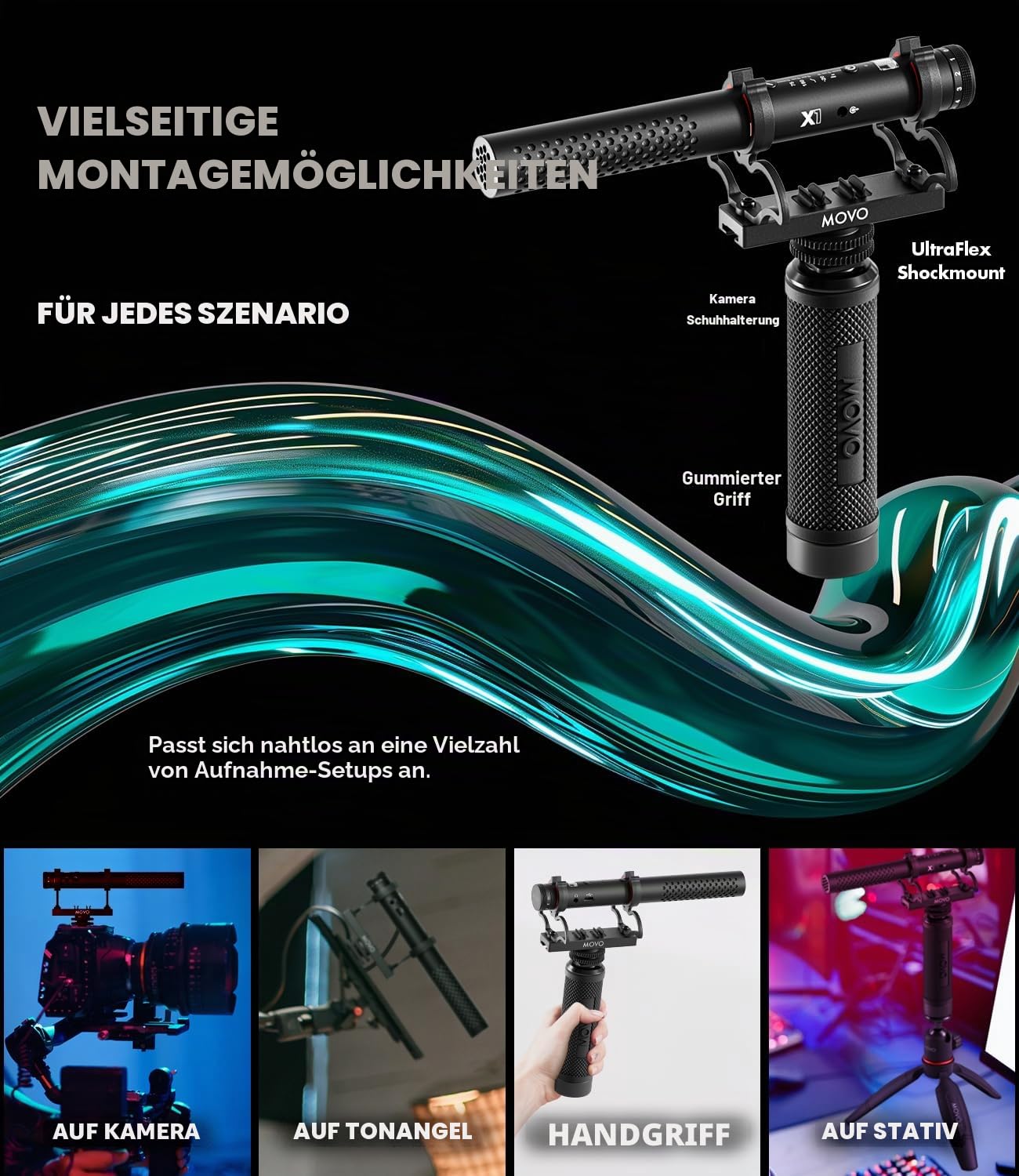 Movo X1 Supernierenmikrofon – 3,5 mm/XLR/USB-C-Kameramikrofon für DSLR, Smartphones und Computer – professionelles On-Kamera-Mikrofon mit fortschrittlicher Audiosteuerung, Stativ und Zubehör