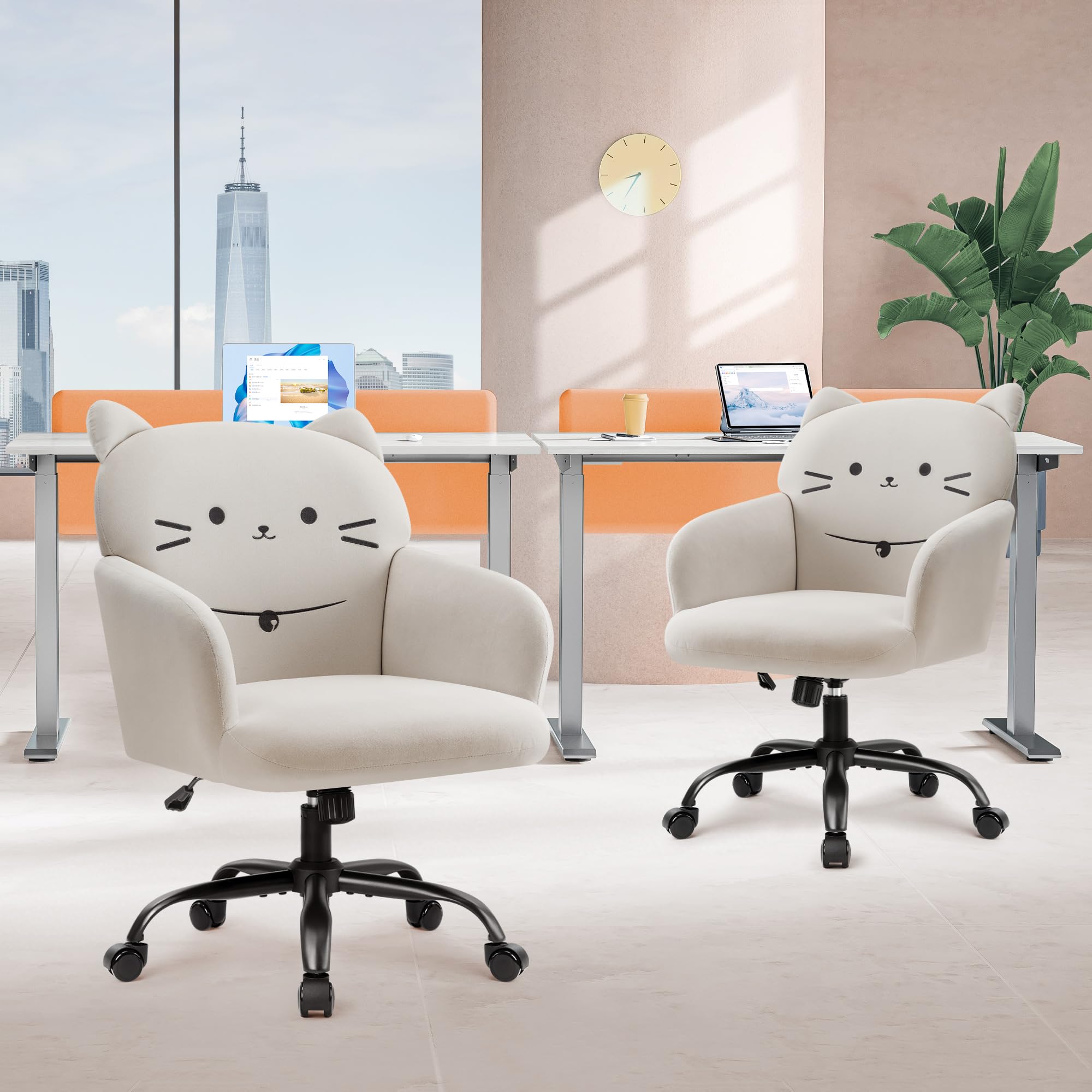 IWMH Home Office Chair Wide Seat Desk Chair Cute Velvet Swivel Vanity Chairs Cat Themed Computer Task Chairs with Wheels Upholstered Modern Accent Armchair for Living Room Bedroom Study Makeup: Cream