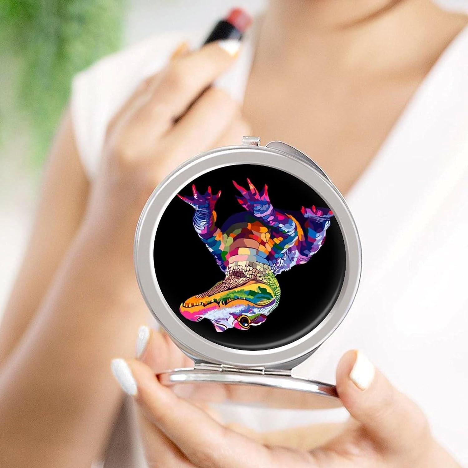 Colorful Psychedelic Crocodile Compact Makeup Mirror Mini Foldable Cosmetic Mirror Portable Travel Mirror for Purse Pocket