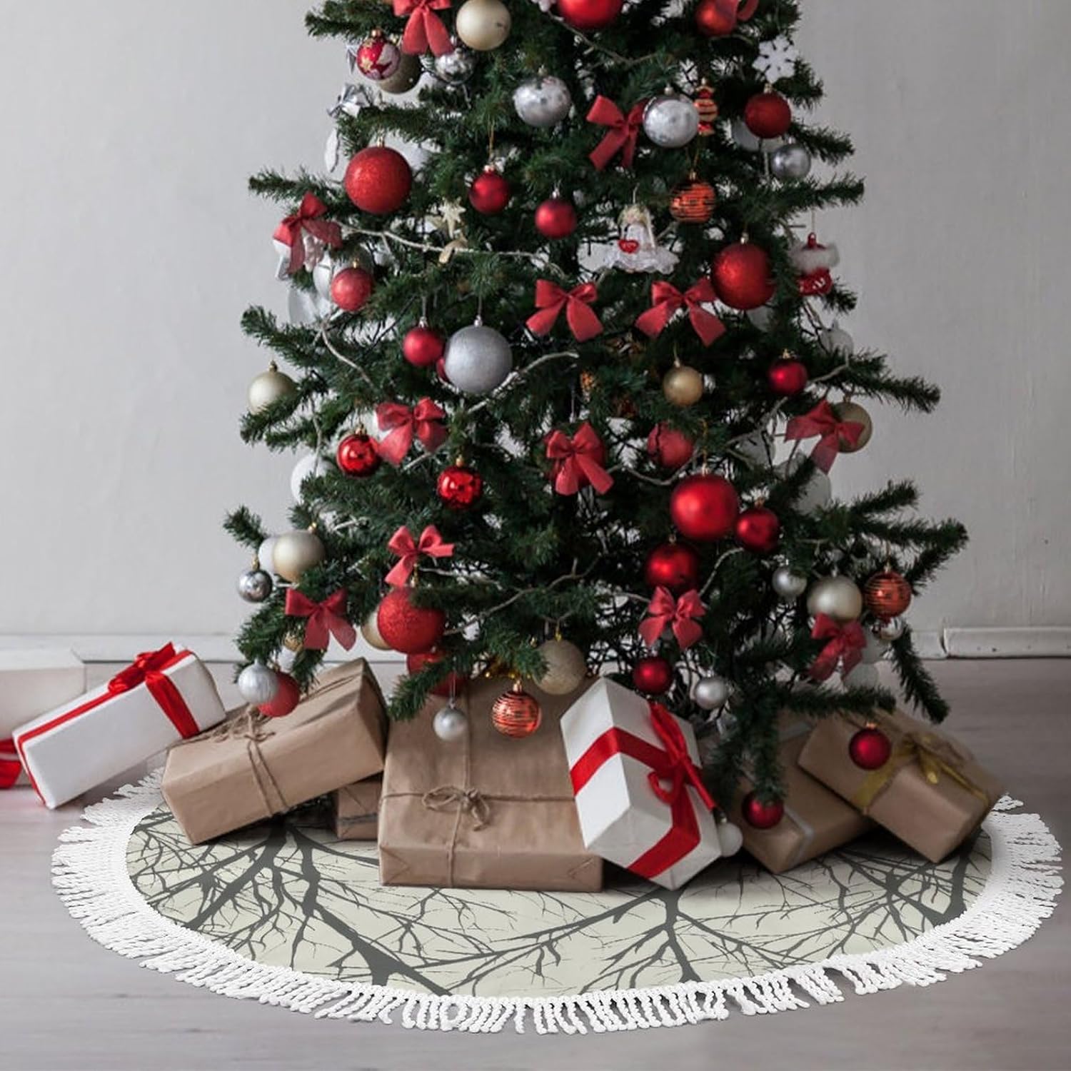 Cute Tassel Christmas Tree Skirt，Halloween Tree Skirt Large Christmas Tree Skirt Christmas Tree Decorations Double Sided Tree Branch Printed Tree Skirt-48in