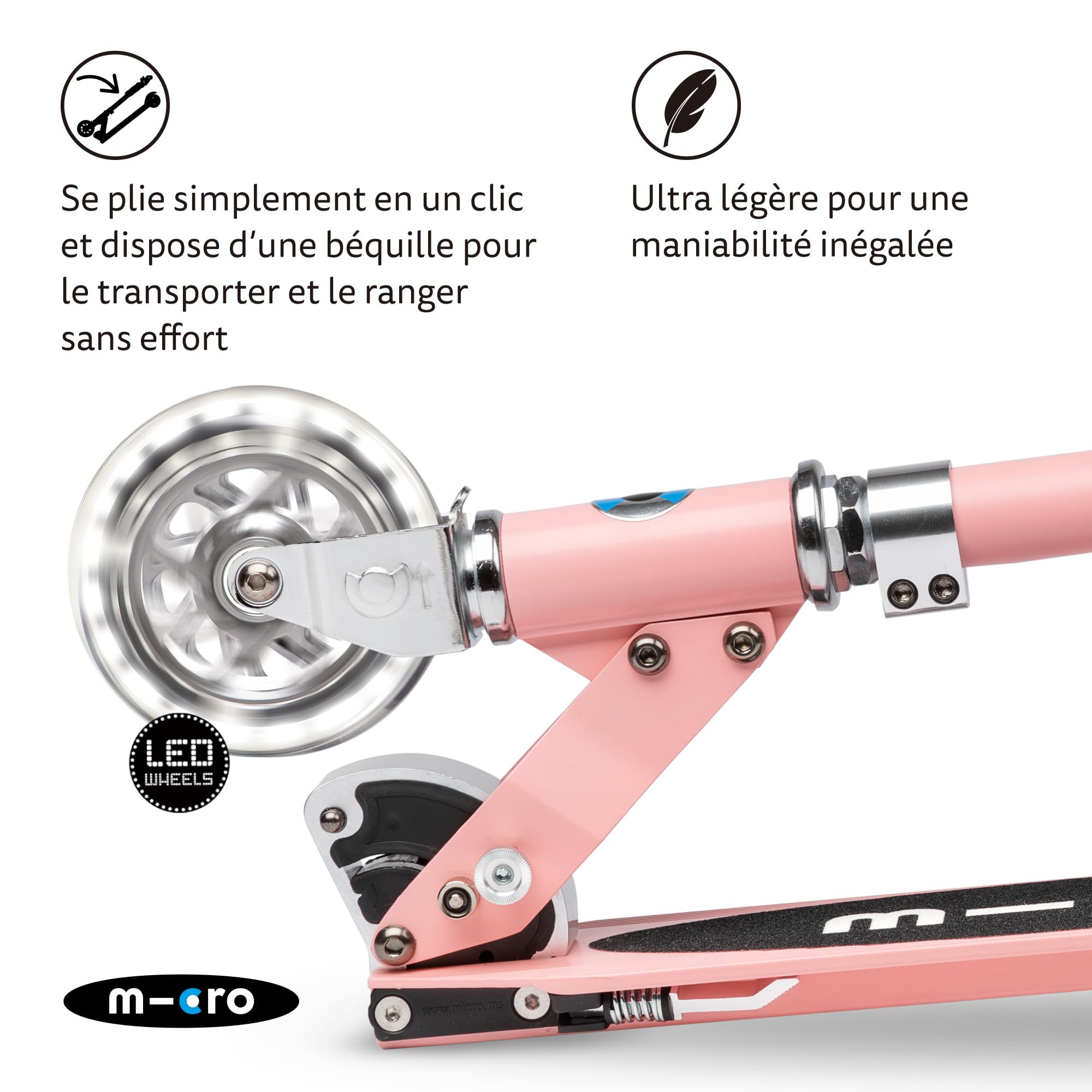 Micro Trottinette Micro Sprite LED avec 2 Roues pour Enfants - Trottinette et poignées Pliables - Roues avec éclairage LED - Légère et réglable en Hauteur - 5 Ans et Plus