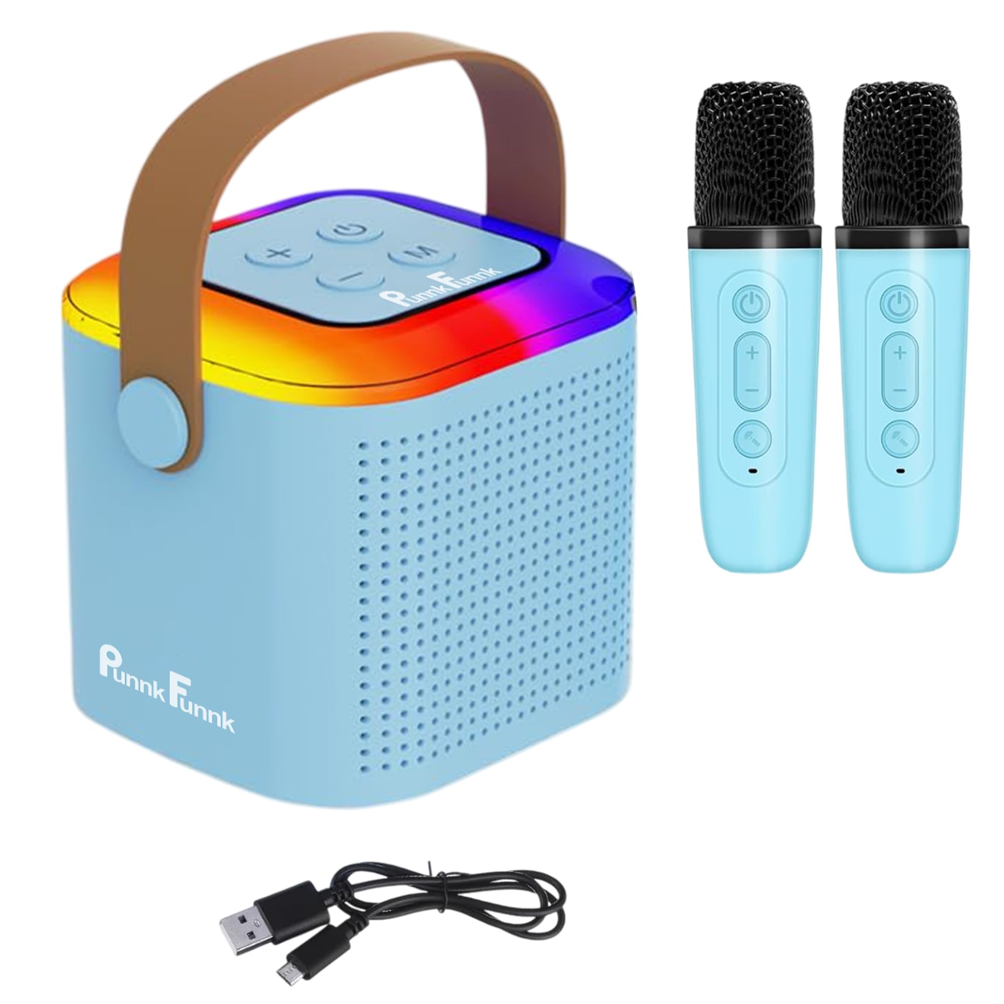punnkfunnk kids adults with wireless mics portable karaoke bluetooth speaker & dynamic lights birthday gift for girls, boys & toddlers ages 4,5,6,7,8,9,10,12+ year old home outdoor travel (blue)