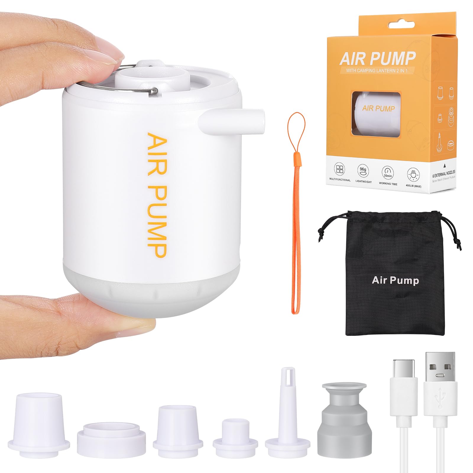 FACULX Portable Air Pump+ Camping Light Ultra-Mini Air Pump with 2000mAh Battery USB Rechargeable for Pool Floats Air Bed Air Mattress Swimming Ring Vacuum Storage Bags