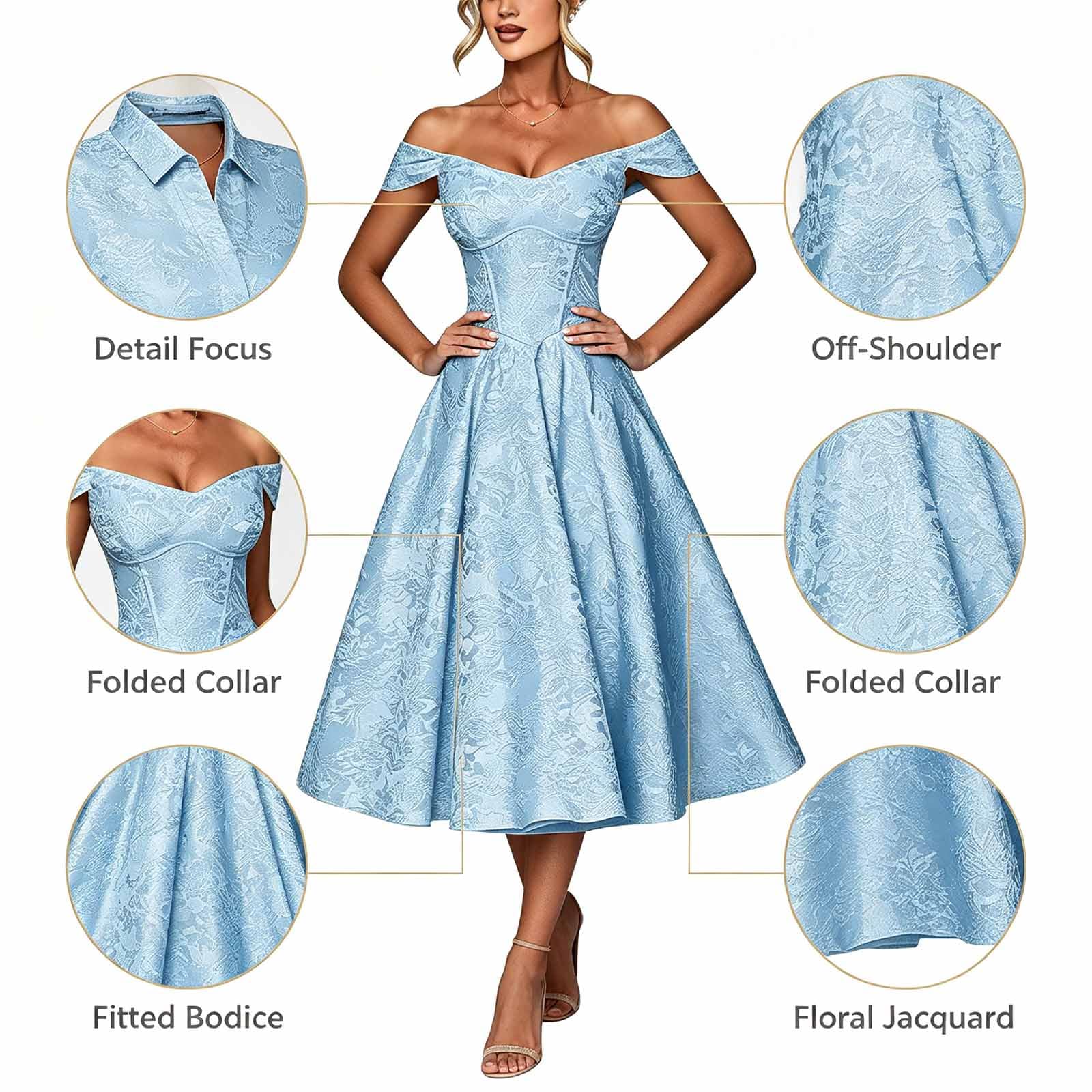 Vestito Sfilata Jacquard Spalla Nuda Lunghezza Tea A-Line