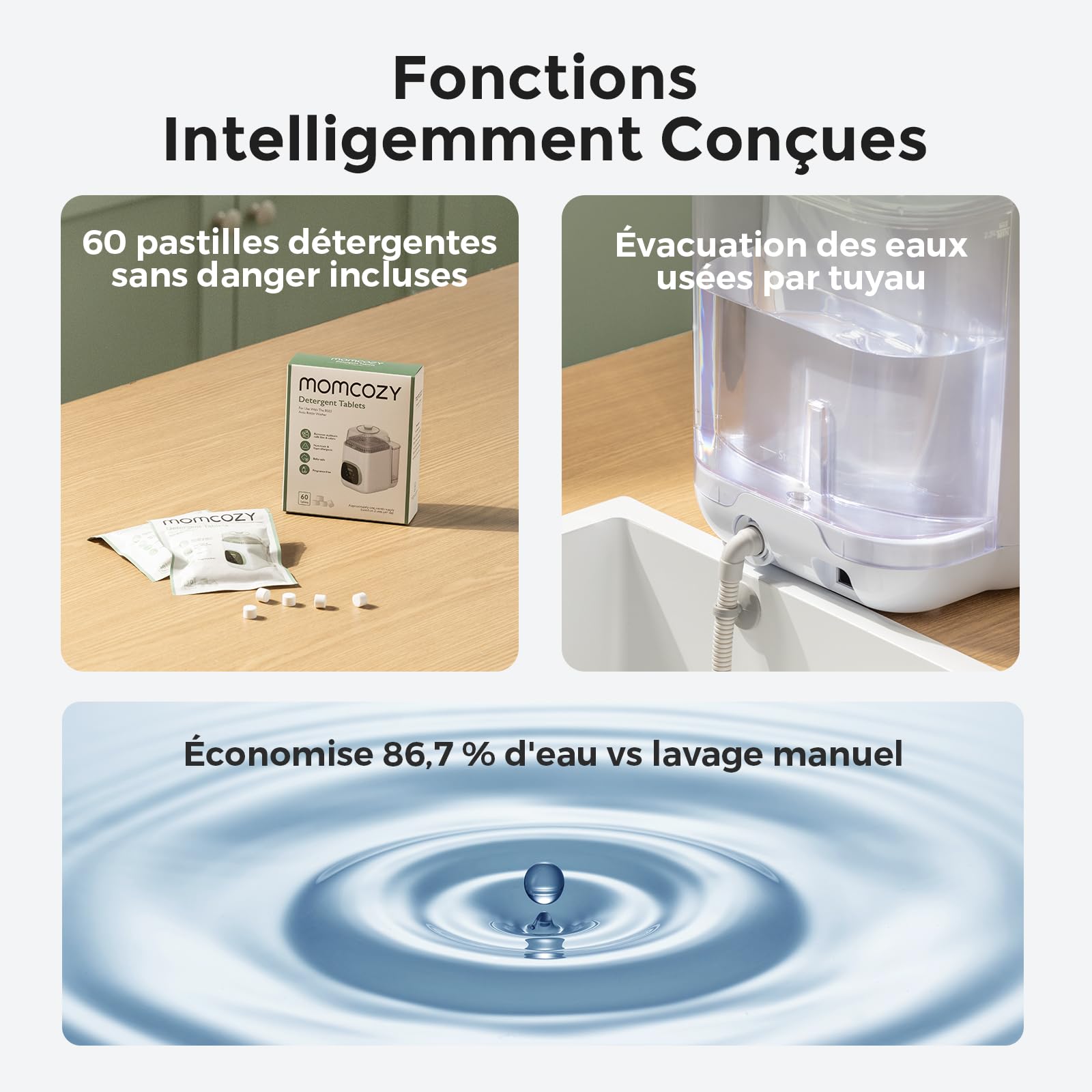 Momcozy Nettoyeur Biberons Haute Pression 2.2kPa, 19 Min, 99.9% Germes | Cycle rapide, Toutes marques, Sans BPA, Bébé, Nouveau-né, Hygiène, Compact, Électrique, Automatique, Cadeau, Lot, Silencieux