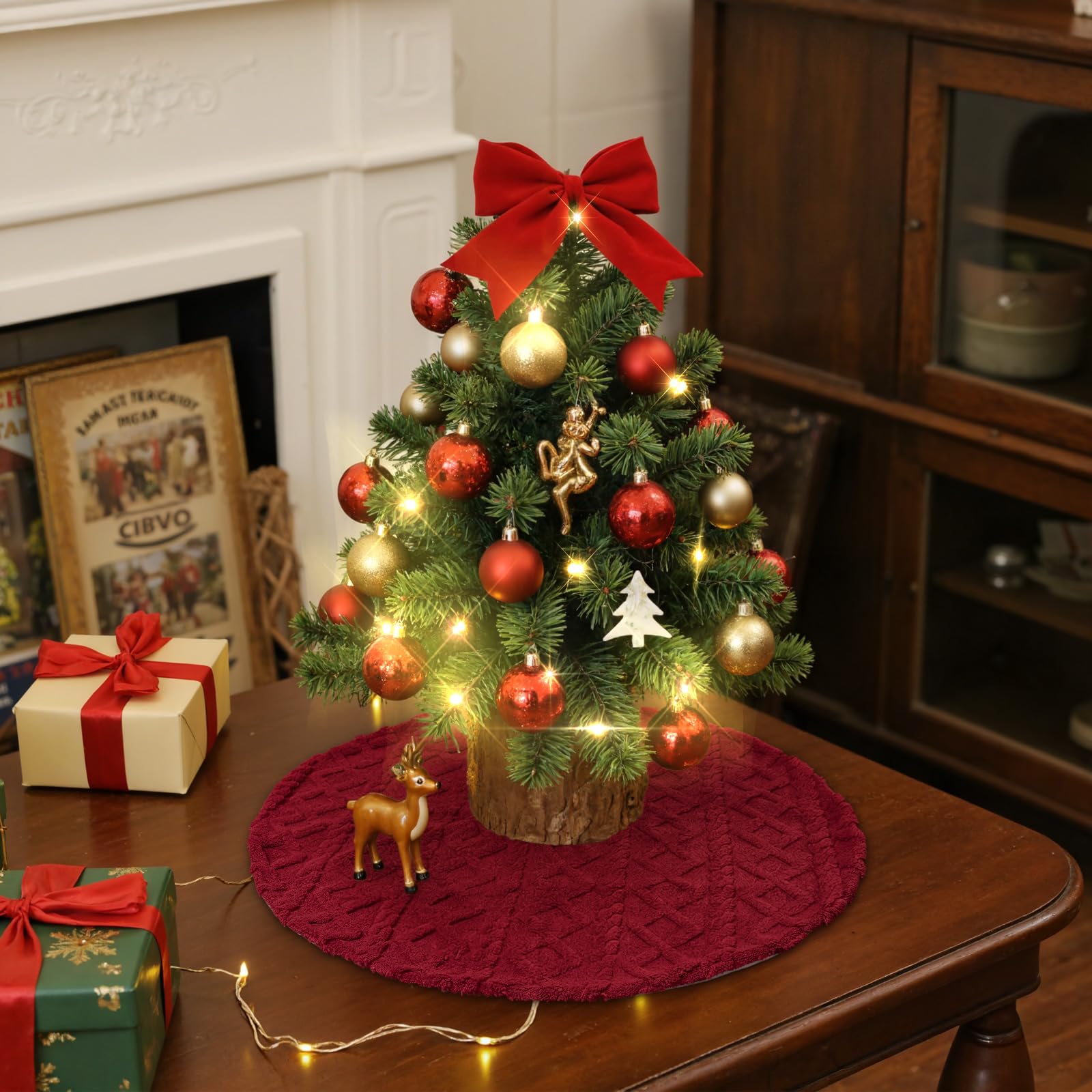 Lanpn Falda Cubre Pie para Arbol de Navidad de 40cm, Pequeño Lujo Piel Sintética Alfombra de árbol de Navidad Redondas, Cubiertas para Base Alfombra para Decoración Navideña de Interiores (Rojo)