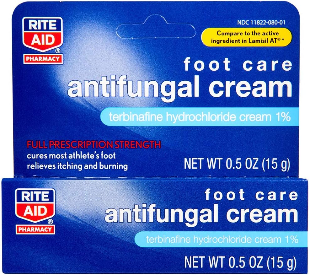Rite Aid Antifungal Cream, Terbinafine Hydrochloride Cream 1%, Full Prescription Strength, 0.5 oz (15 g) | Cures Most Athletes Foot | Relieves Itching and Burning | Athletes Foot Treatment | Anti Itch