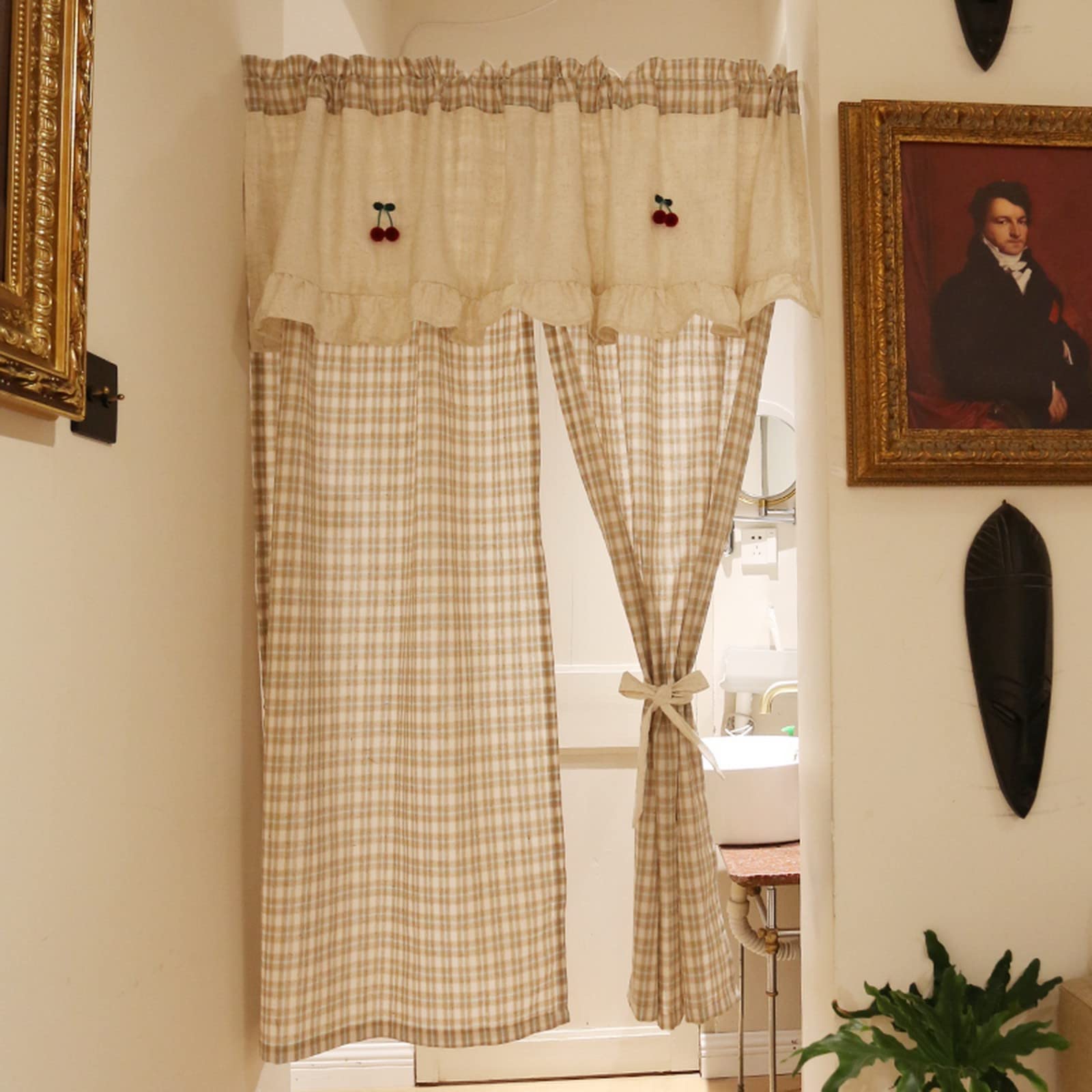 A.Monamour Cortina Cocina Ventana Puerta Corta Pequeña Caqui Tela Escocesa De Cuadros Buffalo Vichy De Algodón En Estilo Dividido Medio Bolsillo para Varilla Panel Cenefa Rustica Bistro
