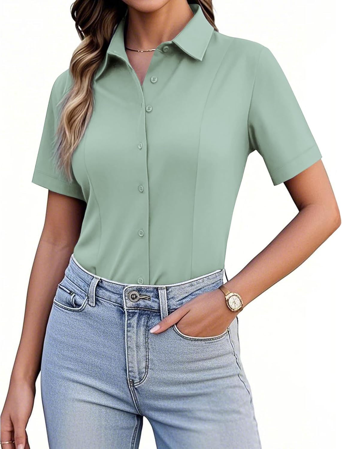 siliteelon Women's Button Down Shirts Slim fit Short Sleeve Stretch Dress Shirts Wrinkle-Free Solid Work Blouse