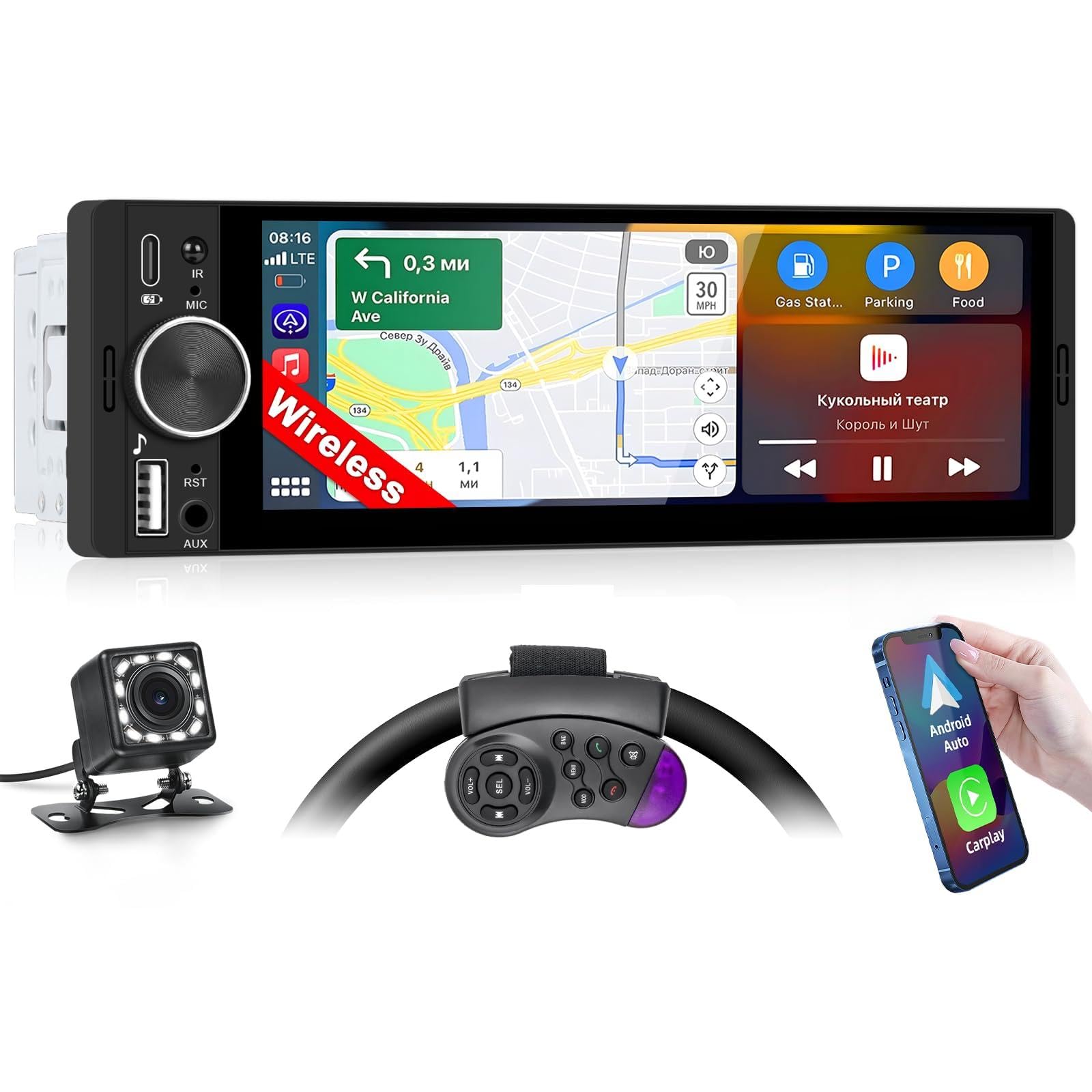 Inefala Autoradio CarPlay 1 DIN avec Wireless Carplay et Android Auto sans Fil, Radio avec écran 6,28 Pouces avec Bluetooth, Mirror Link, Compatible FM/RDS, EQ, USB, Type C, Recharge USB, AUX