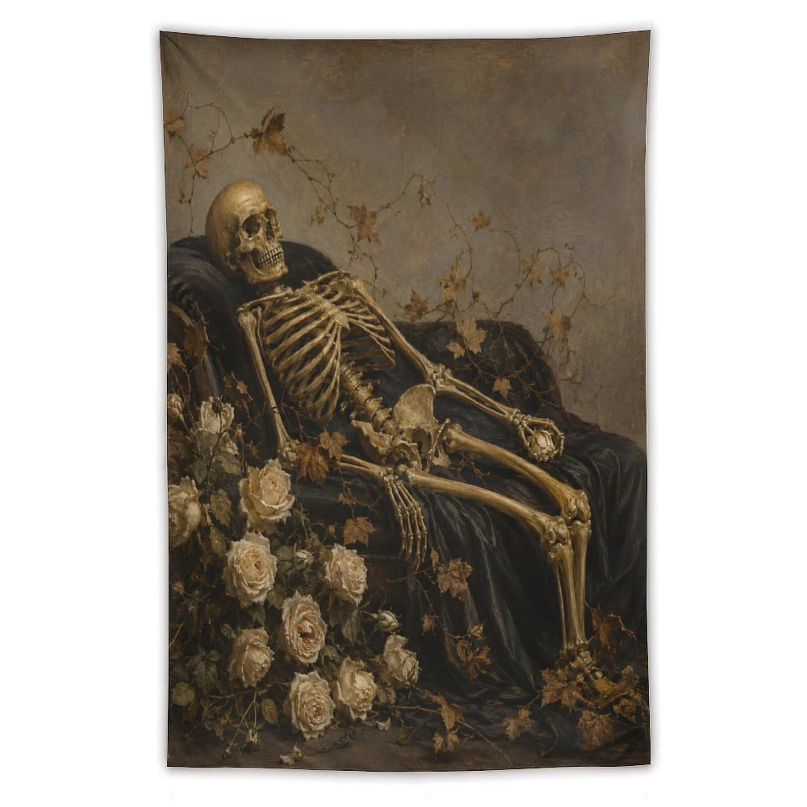H3B8U2Y5 Skeleton with Roses Wall Tapestry, Fantasy Illustration, Backdrop