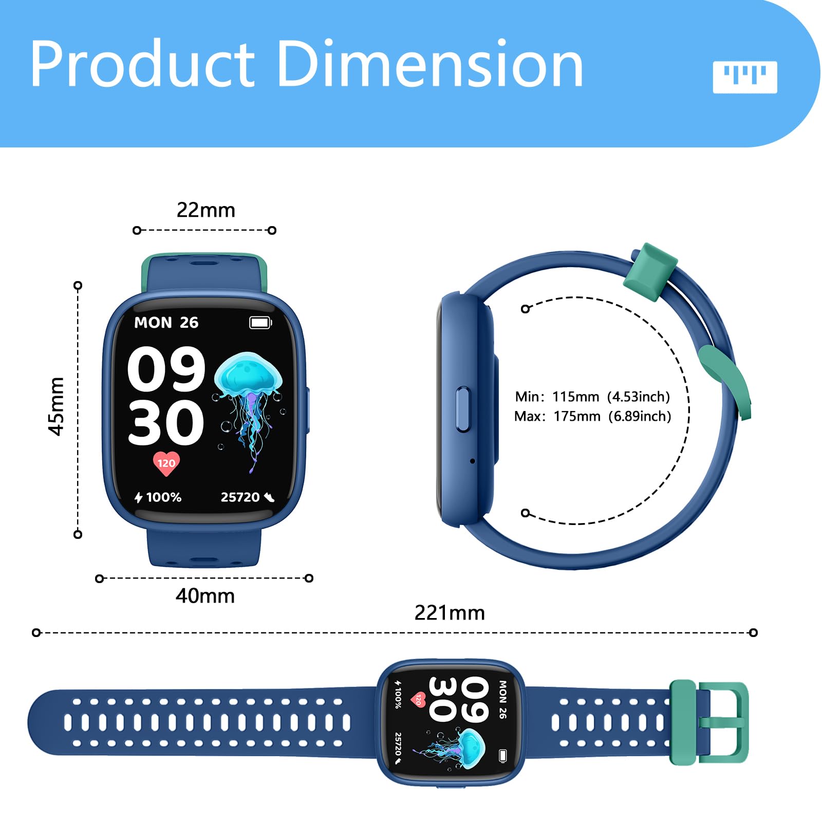 Smart Watch per bambini con Find My (solo iOS), orologio fitness tracker touch screen da 1,83", 80 contapassi, contacalorie con giochi di puzzle per ragazzi e ragazze 7-10 con/senza app, PL