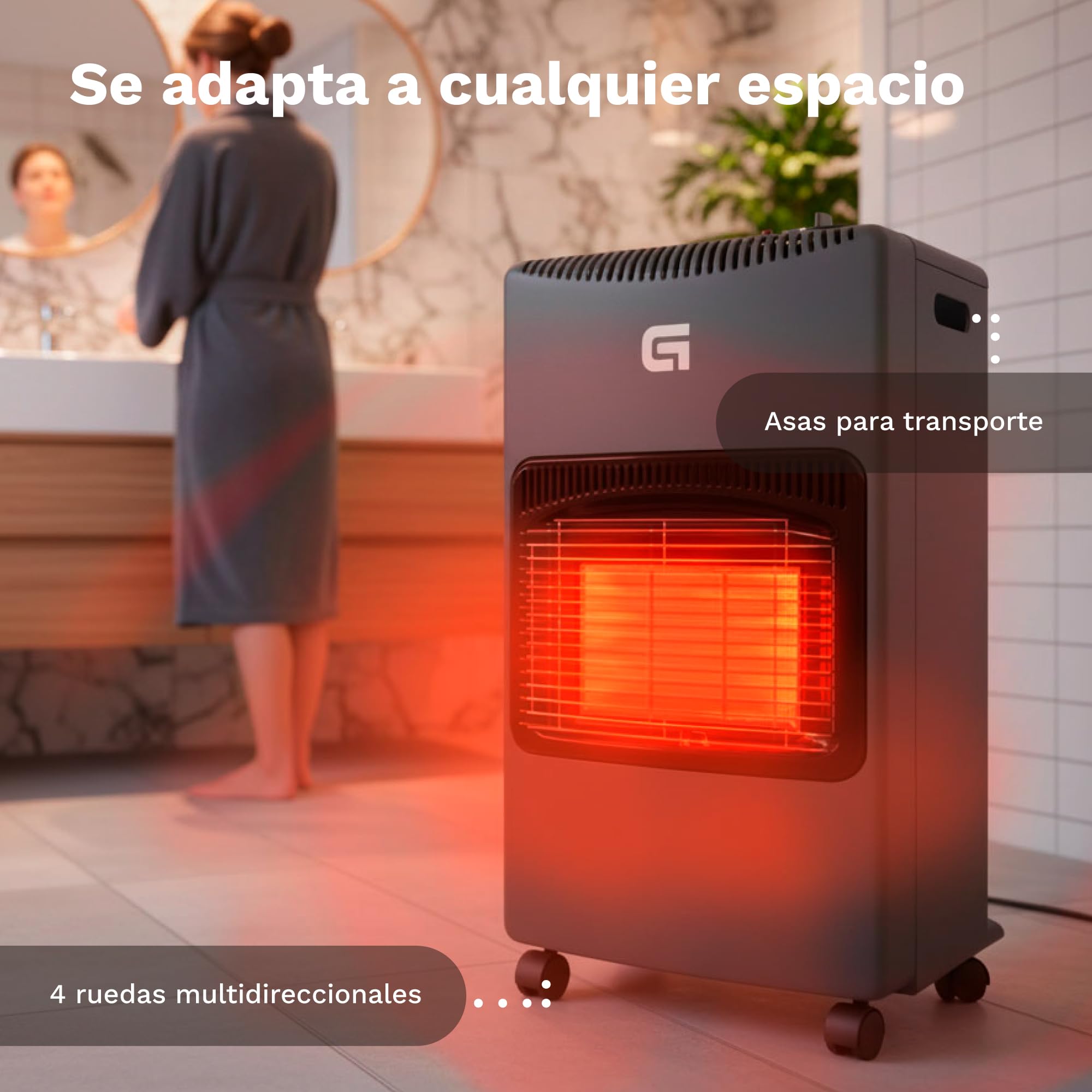Estufa de gas butano plegable y portátil, Catalítica cerámica, 4200W, Sistema ignición piezoeléctrico, 3 niveles calor, cobertura 20-80m²- Apto bombonas 15kg (NO Regulador NO Tubo)